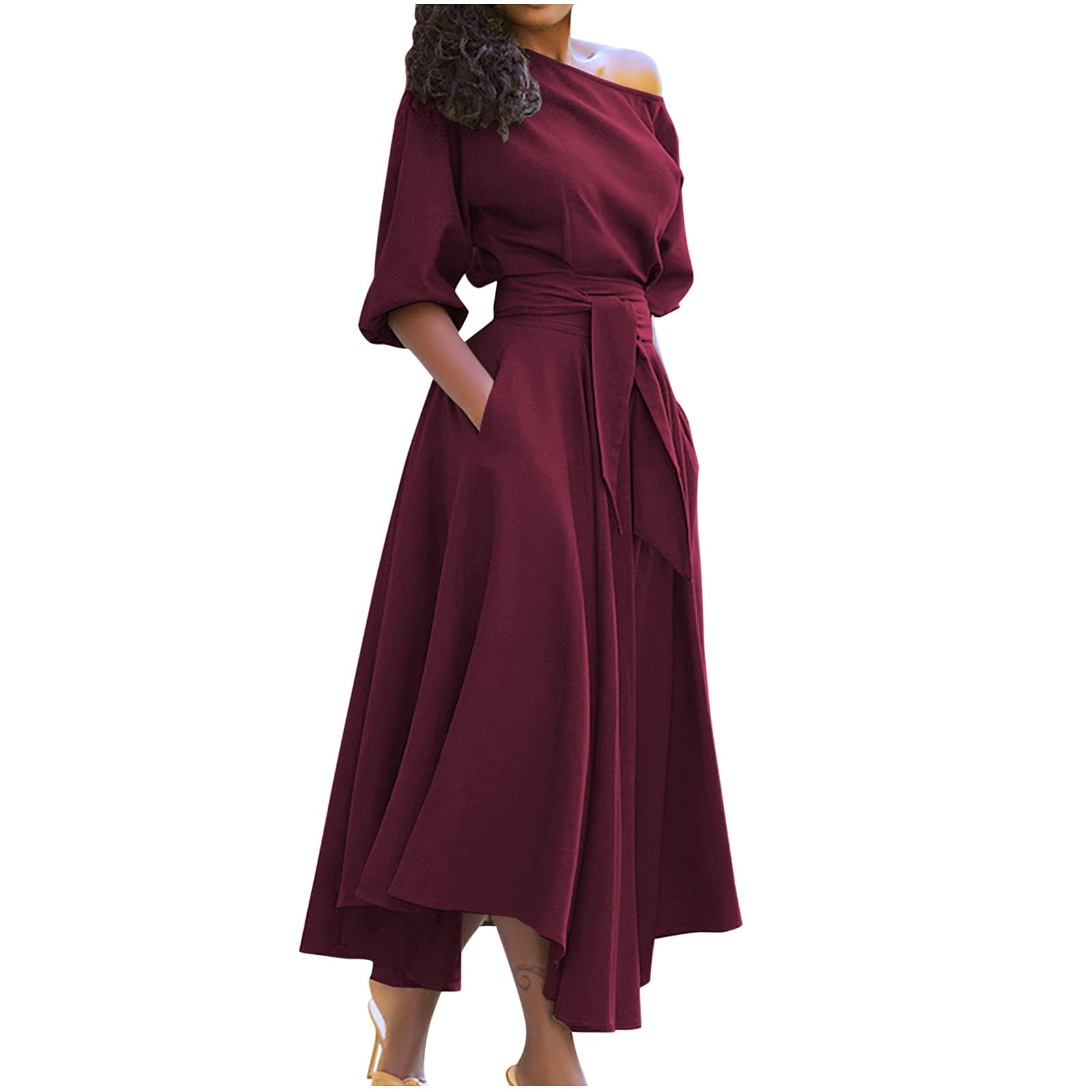 Women's A-Line Maxi Dress with Belt - Casual Summer Dress with Irregular Shoulder & Flowy Hem - Perfect for Beach, Vacation, Date Night & Outdoor Parties