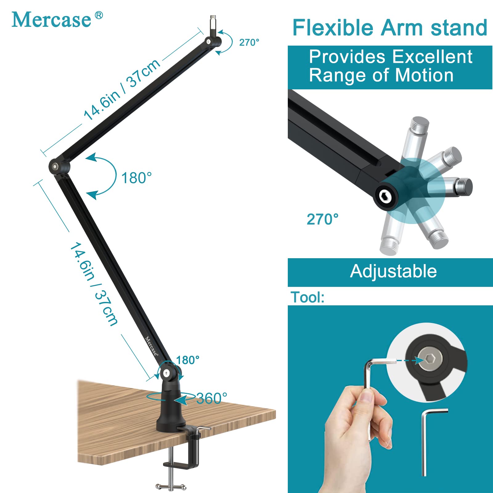 Foldable Metal Microphone Boom Arm Stand with Desk Clamp - Adjustable Scissor Mic Arm for Blue Yeti, Snowball, HyperX QuadCast - Hidden Cable Trough & 3/8