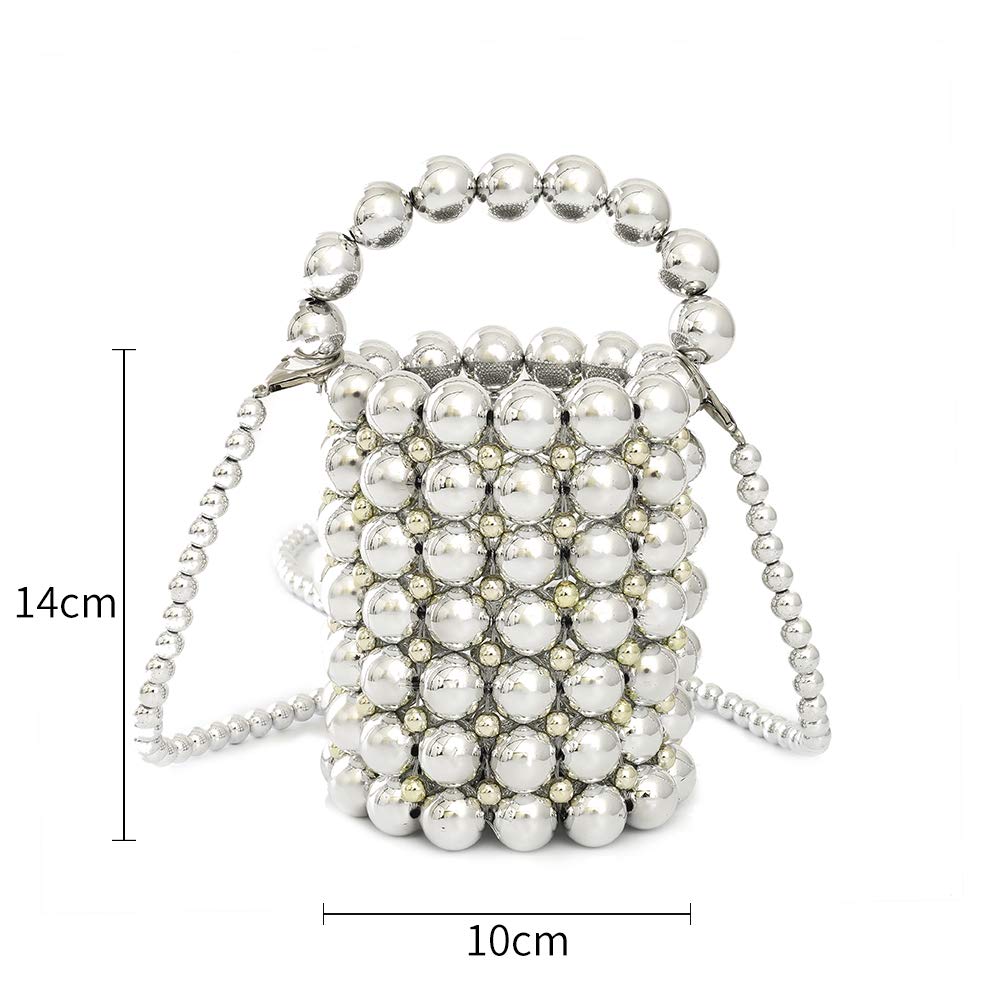 YIFEI Women's Fashion Metallic Colored Beaded Acrylic Handmade Shoulder Bucket Bag with Detachable Chain - Perfect for Parties, Date Nights & Casual Outings