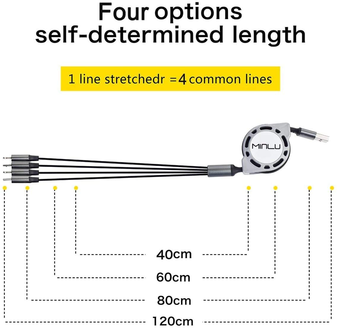 Minlu 4-in-1 Retractable Fast Charging Cable [4A 1.2M] - USB C/Micro/iPhone Compatible Charger for iPhone 16/15/14/13/12/11, Huawei, Galaxy, Pixel, Sony & Tablets | Perfect for Travel, Office & Home Charging