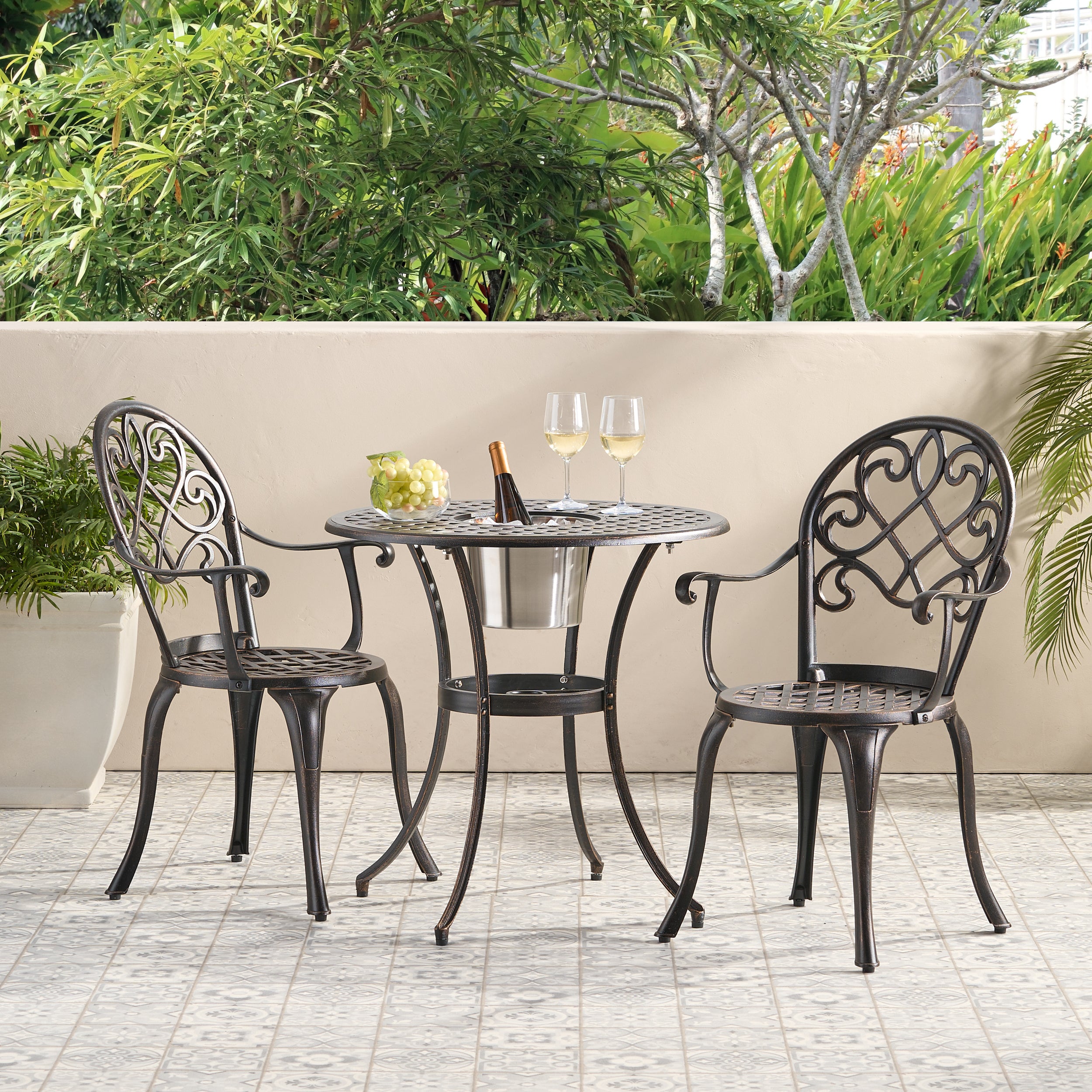 Camden 3-Piece Cast Aluminum Bistro Set with Ice Bucket - Outdoor Patio Dining & Entertaining