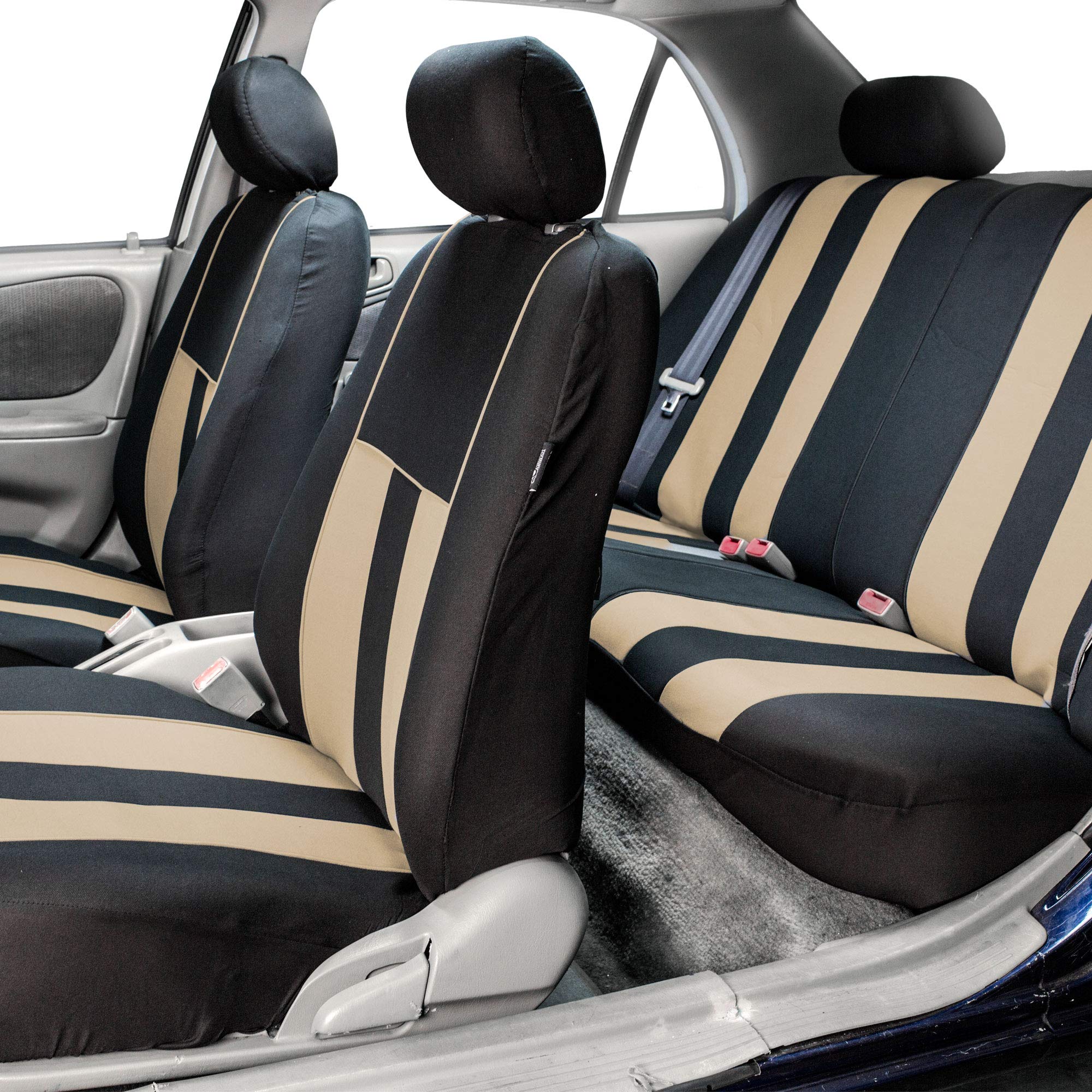 TLH Striped Beige Car Seat Covers - Universal Fit Airbag Compatible Split Rear Design for Cars, Trucks, Vans & SUVs | Premium Automotive Interior Accessories for Comfort & Style