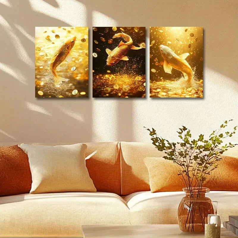 3pcs Golden Carp Metal Wall Art Prints - Ready to Hang Home Decor for Living Room, Bedroom & Office - Perfect for Asian Inspired Interior Design