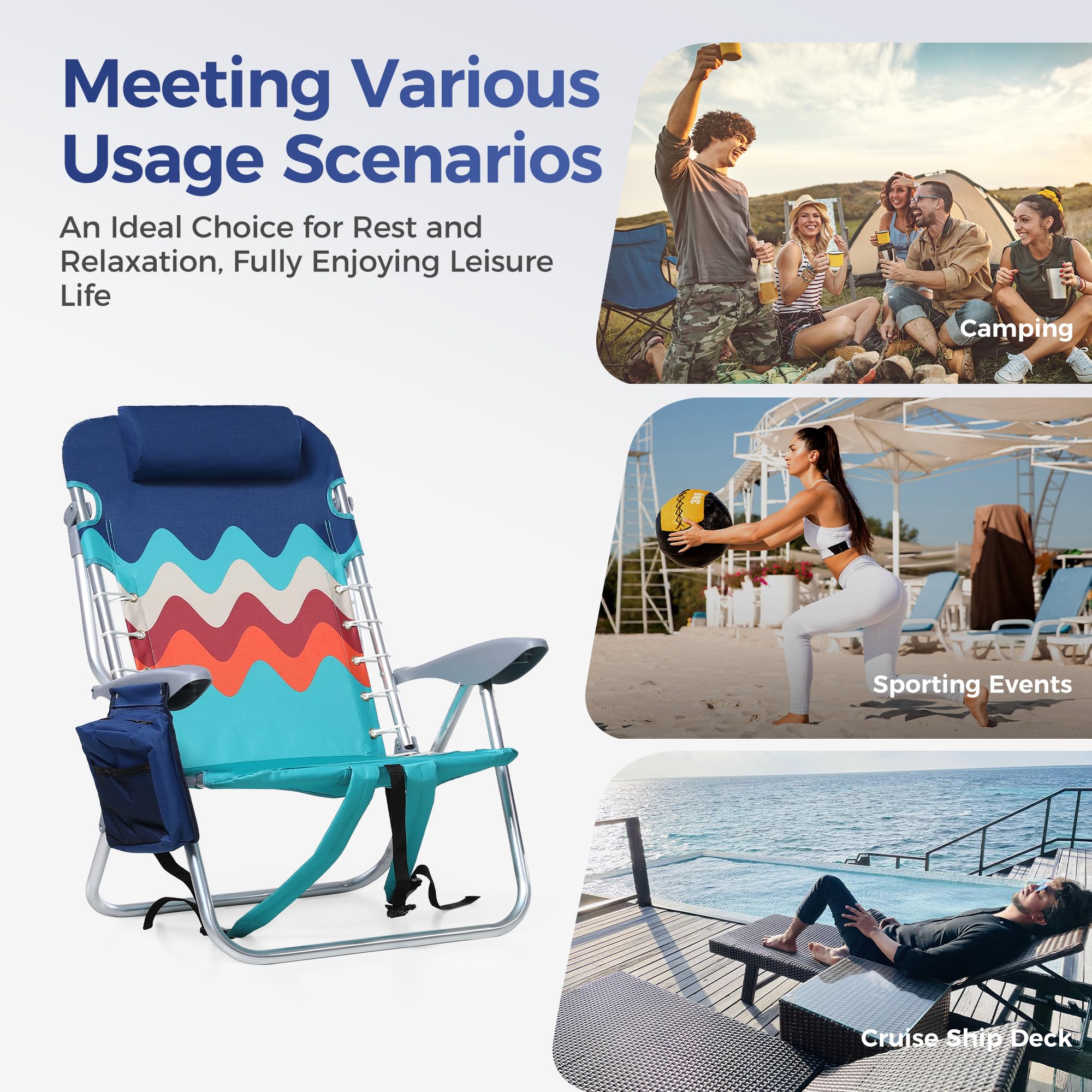 ALPHA CAMP 2-Pack Beach Chairs with Cooler Bag - 4-Position Adjustable Folding Lounge Chairs with Backpack Straps, Supports 250LBS - Portable for Beach, Camping, Poolside & Outdoor Relaxation (Sky Blue)