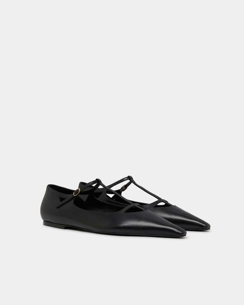 Black Leather T-Strap Pointed Toe Flats for Women - Comfortable Dress Shoes for Work, Office & Evening Out