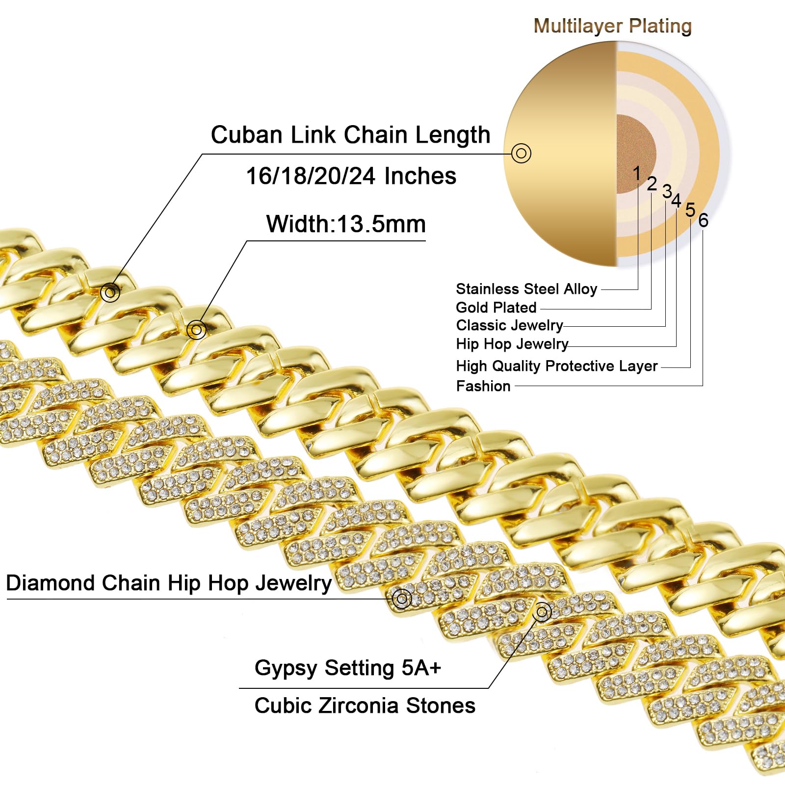 Saintda Cuban Link Chain for Men & Women - Iced Out Silver, Gold & Rose Gold Miami Cuban Necklace - Bling Diamond Hip Hop Jewelry with Gift Box - Perfect for Parties, Gifts & Streetwear Fashion