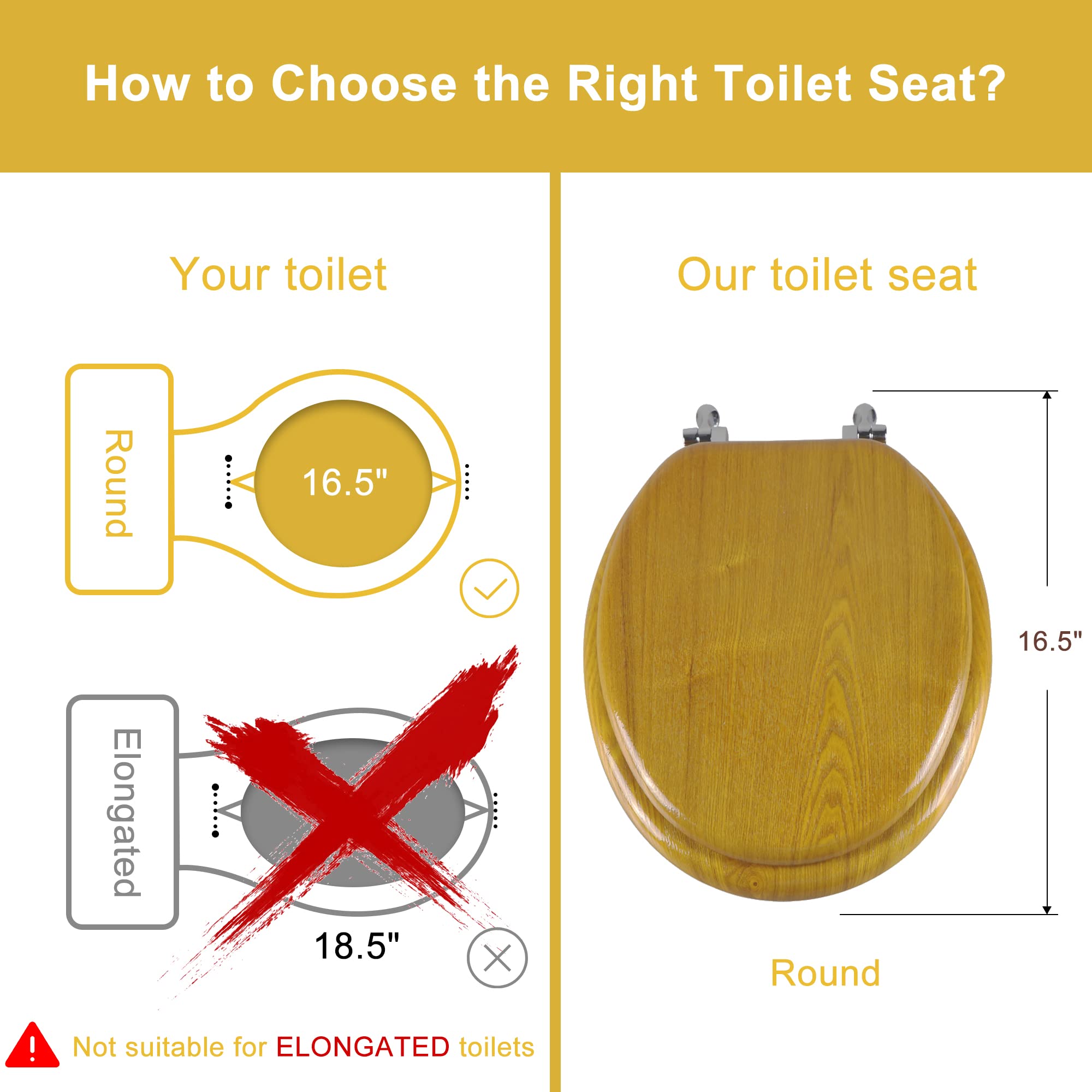 Durable Wood Veneer Toilet Seat with Metal Hinges - Easy to Clean, Scratch-Resistant, American Standard Size (Round, Oak Finish) | Perfect for Bathroom Upgrades & Home Renovations