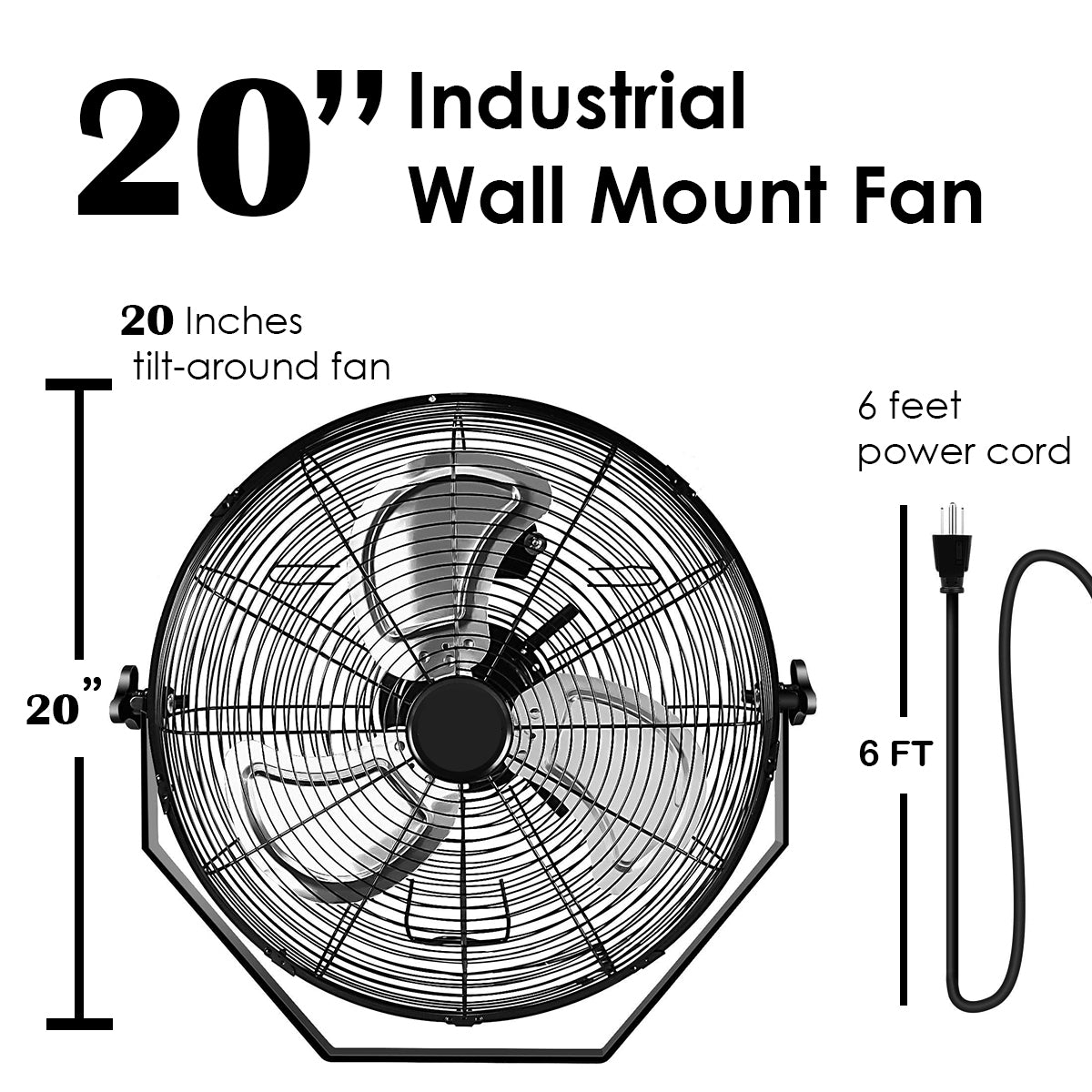20 Inch Black High Velocity 3-Speed Wall Mount Air Circulator Fan - Metal Construction for Home, Office, Garage & Warehouse Cooling