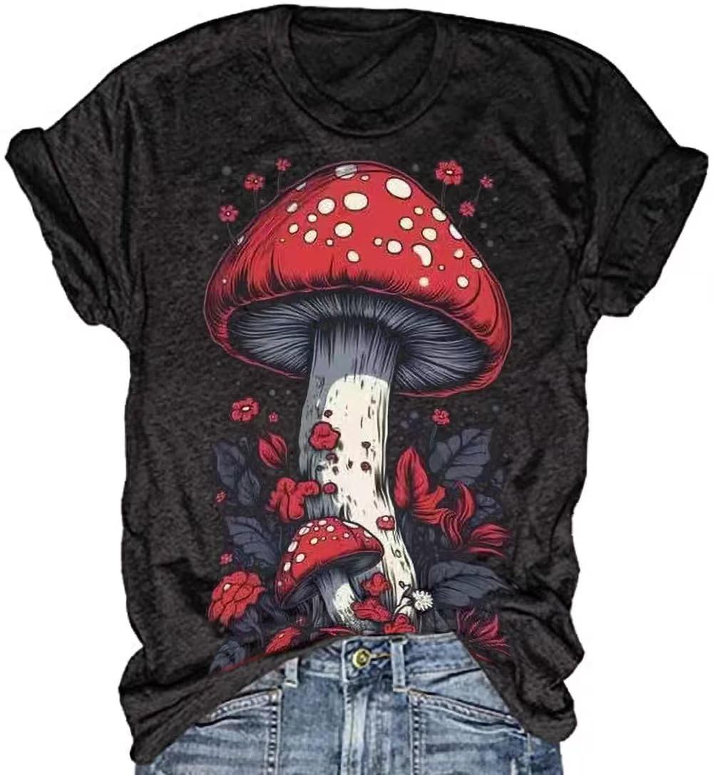 Funny Cute Vintage Mushroom Graphic T-Shirt for Women - Soft Cotton Casual Tee for Outdoors, Music Festivals & Streetwear Fashion