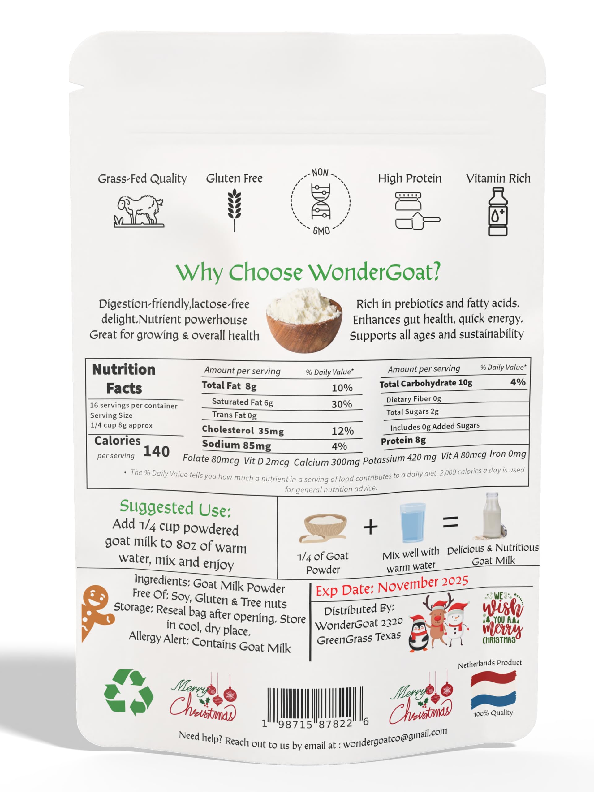 Organic Goat Milk Powder from Netherlands - 100% Grass Fed, Non-GMO, Gluten Free | Rich in Protein, Calcium, Probiotics & Vitamins | Easy to Digest for Adults & Kids | Perfect for Smoothies, Baking & Healthy Nutrition