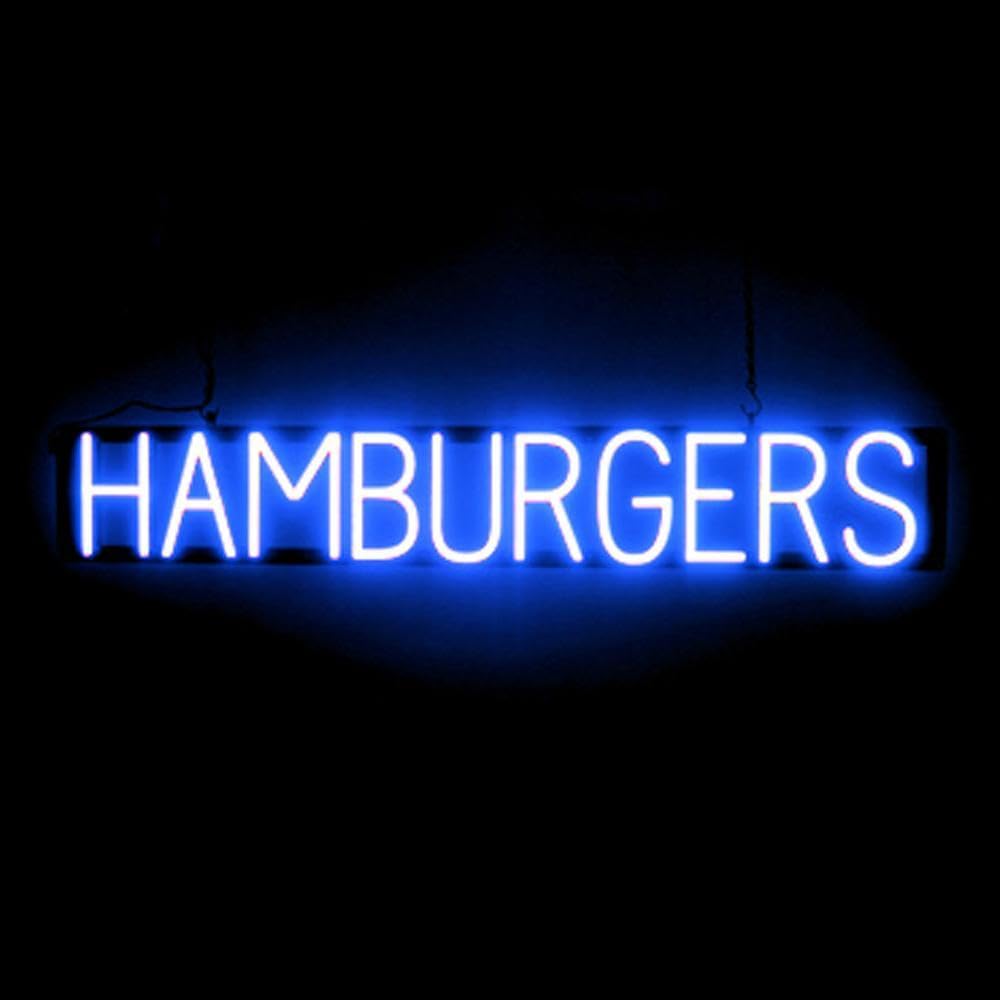 SpellBrite Hamburgers LED Neon Sign - 40x6.3 Inch Blue Light Up Restaurant Decor for Diners, Bars & Cafes - Perfect for Wall Decor, Retro Themed Parties & Business Branding