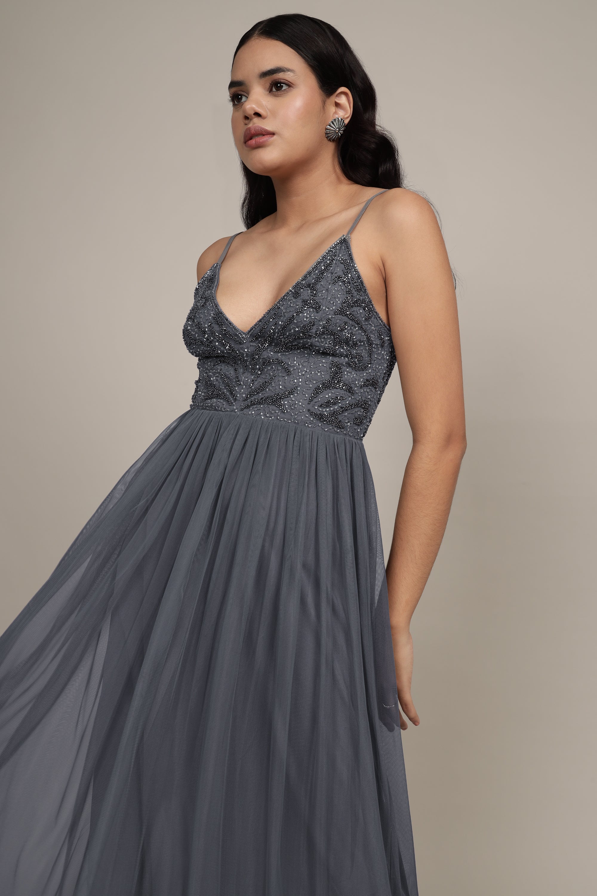 Seraphina Embellished Maxi Dress in Grey - Elegant Long Formal Gown for Weddings, Parties & Evening Events | Plus Size & Petite Options Available