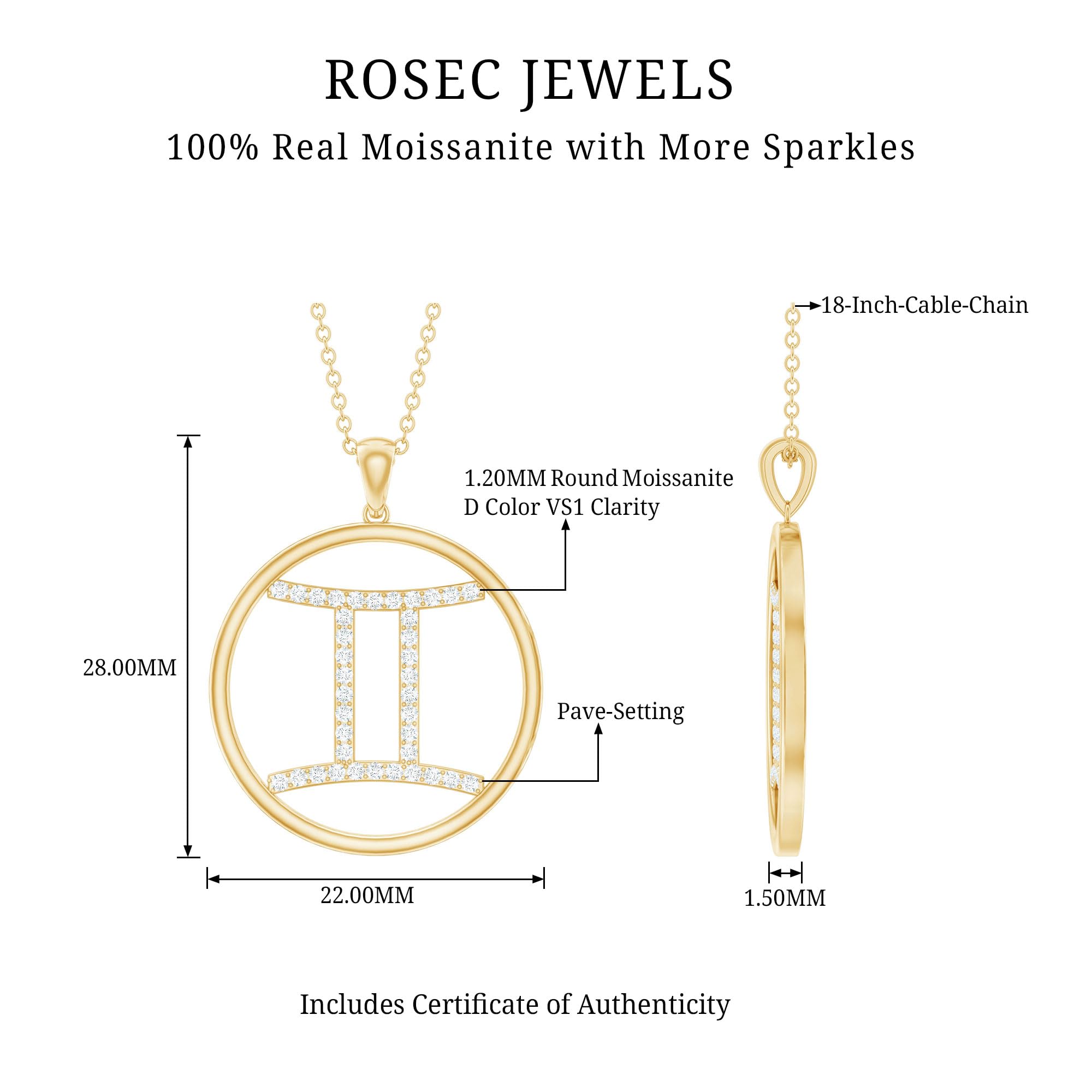 Gemini Zodiac Moissanite Pendant Necklace - 14K Gold Plated Astrology Jewelry for Women | Perfect Birthday Gift, Anniversary Present & Spiritual Horoscope Accessory for Everyday Wear