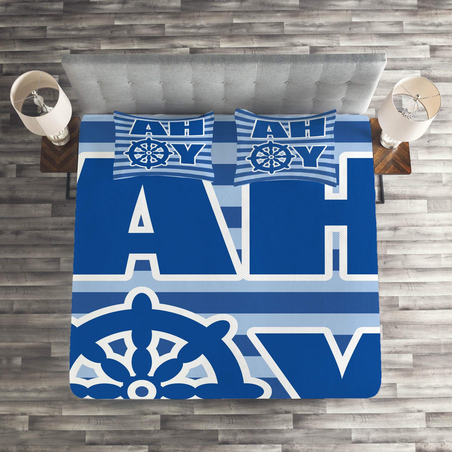 Ambesonne Nautical Wheel Striped 3-Piece Quilted Bedspread Set - King Size Pale Blue White Blue, Modern Simplistic Design for Reveal Party & Coastal Bedroom Decor