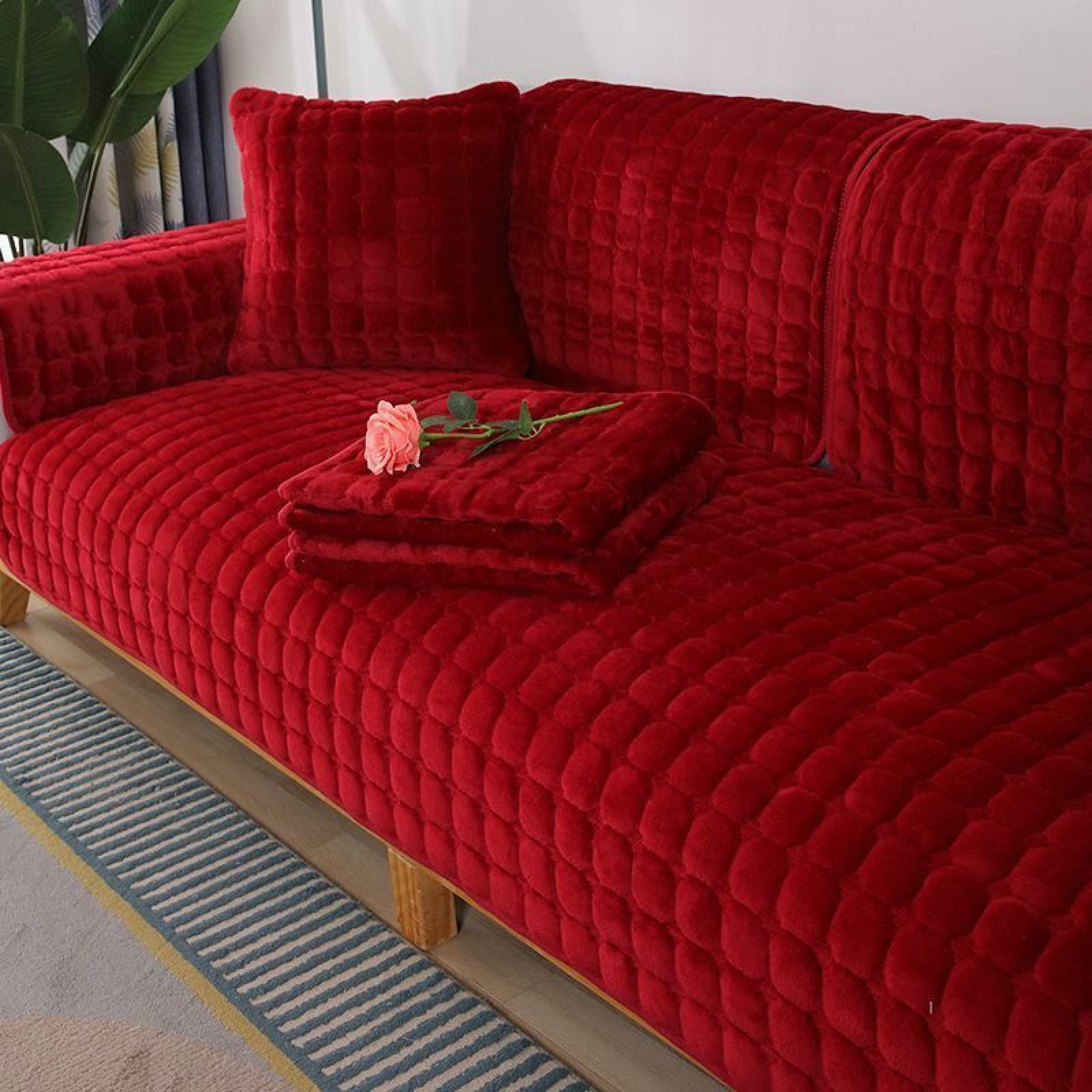 Premium Plush Sofa Slipcover - L-Shaped Sectional Couch Cover with Anti-Slip Backing (110x240cm) | Thickened Quilted Fabric Protector for Leather, Fabric & Wood Sofas | Home Decor & Pet Protection | Red