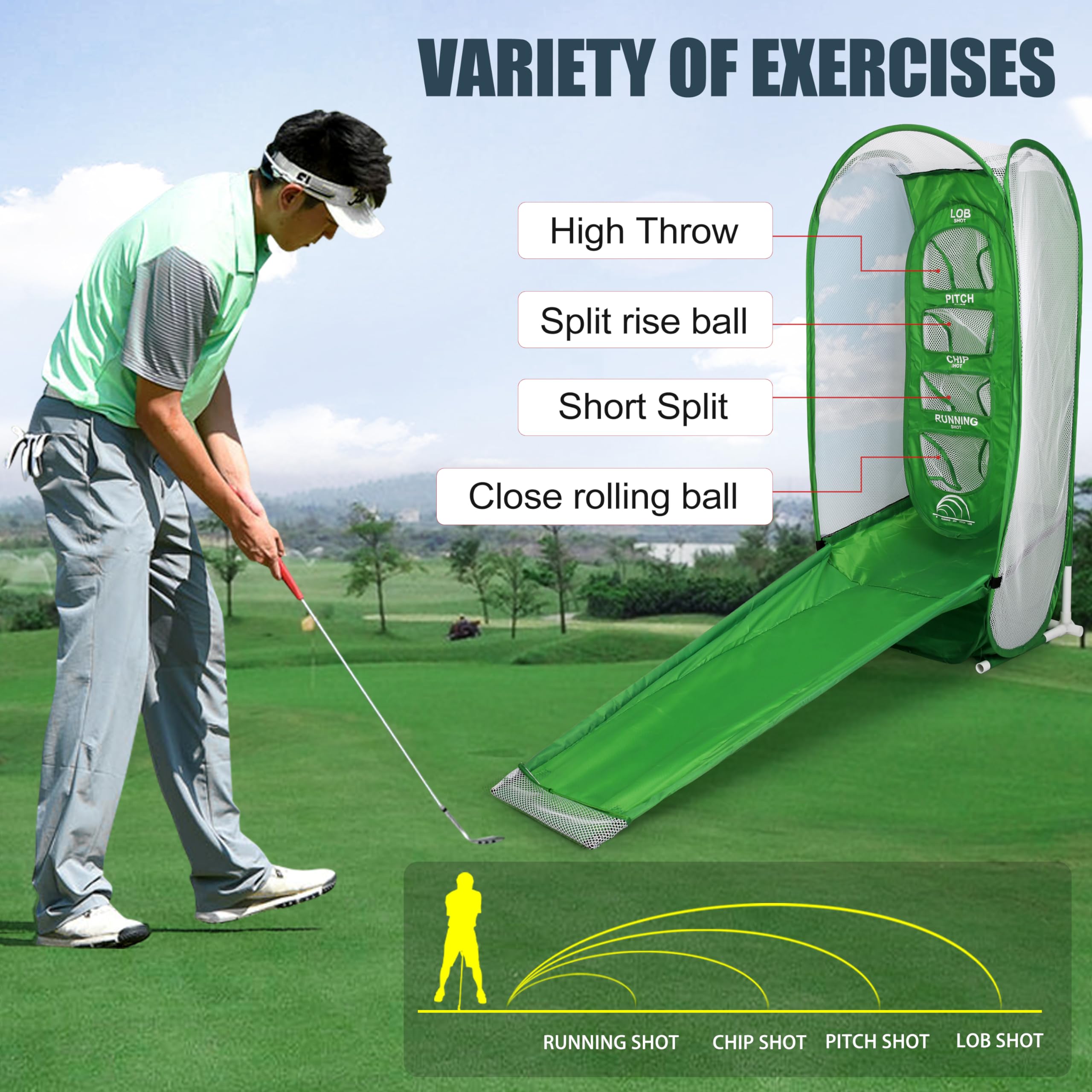 PGM Golf Practice Net with 4 Targets (Lob, Pitch, Chip, Running) - Professional Backyard Driving Range Net for Swing & Chipping Training | Indoor & Outdoor Golf Accessories | Perfect Golf Gift for Men & Women | Improve Your Game at Home, Office or Driving Range