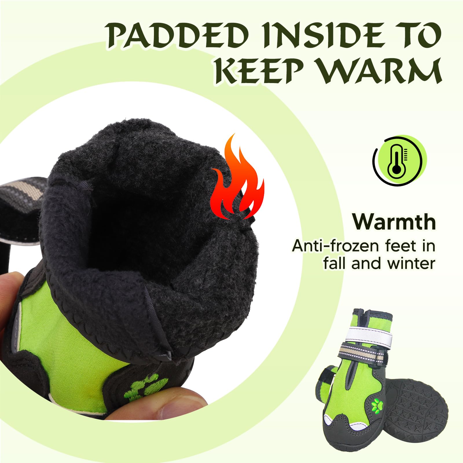 FISHOAKY Anti-Slip Dog Boots for Large Dogs - Waterproof Paw Protectors for Winter Snow & Hot Summer Pavement - 4 Pack Green Dog Shoes Size 8 - Perfect for Hiking, Walking & Outdoor Adventures