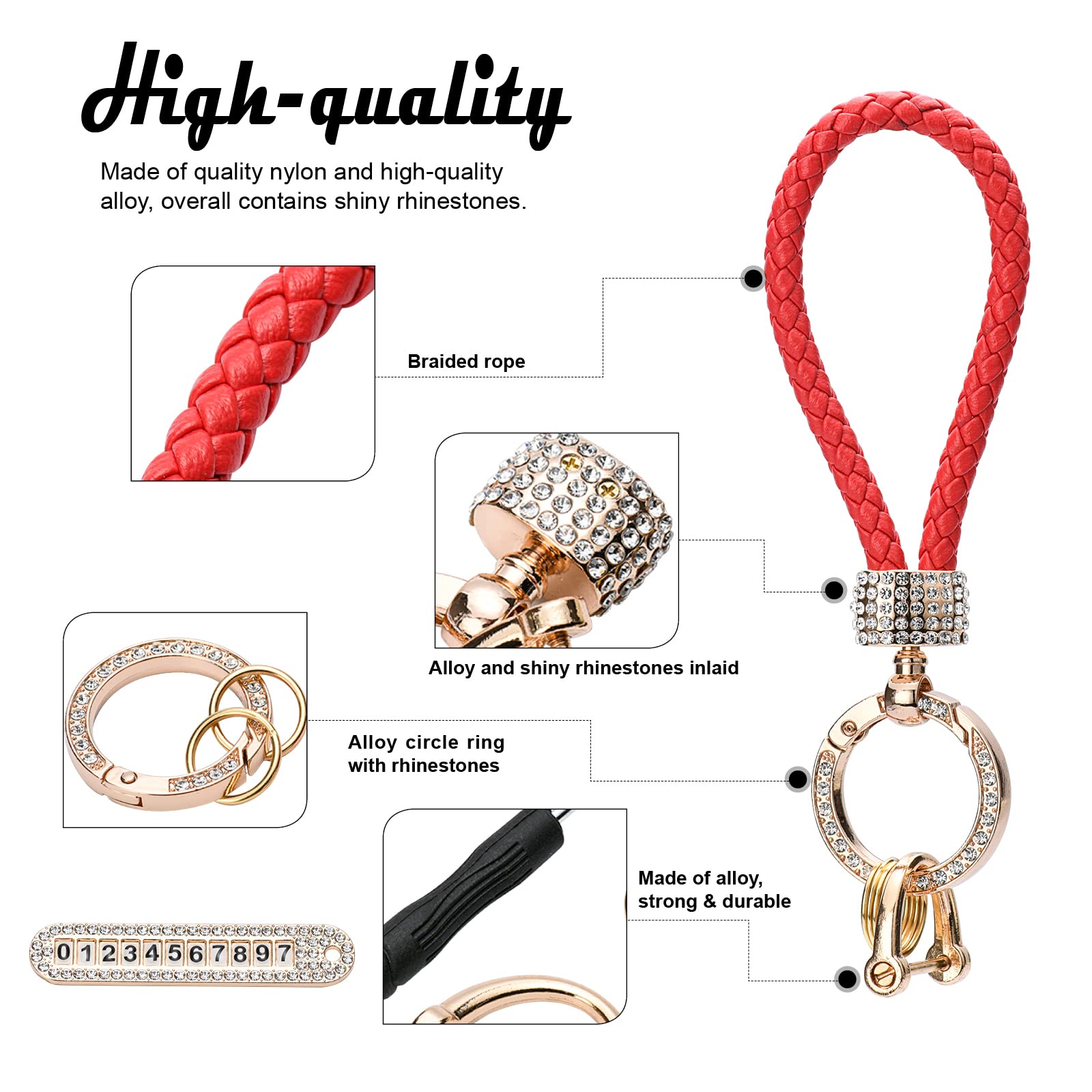 Anti-Lost Car Keychains with Phone Number - Leather Woven Keychain Accessories with Bling Rhinestones - Perfect for Car Keys, House Keys & Gift Giving