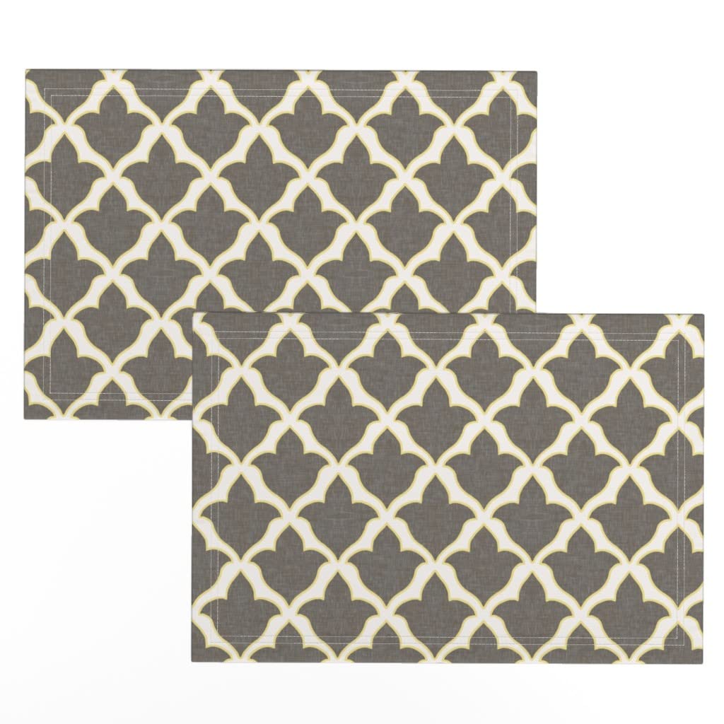 Premium Linen Cotton Canvas Placemats Set of 2 - French Ogee Trellis Fleur Grey Print Washable Table Mats for Dining, Kitchen & Home Decor