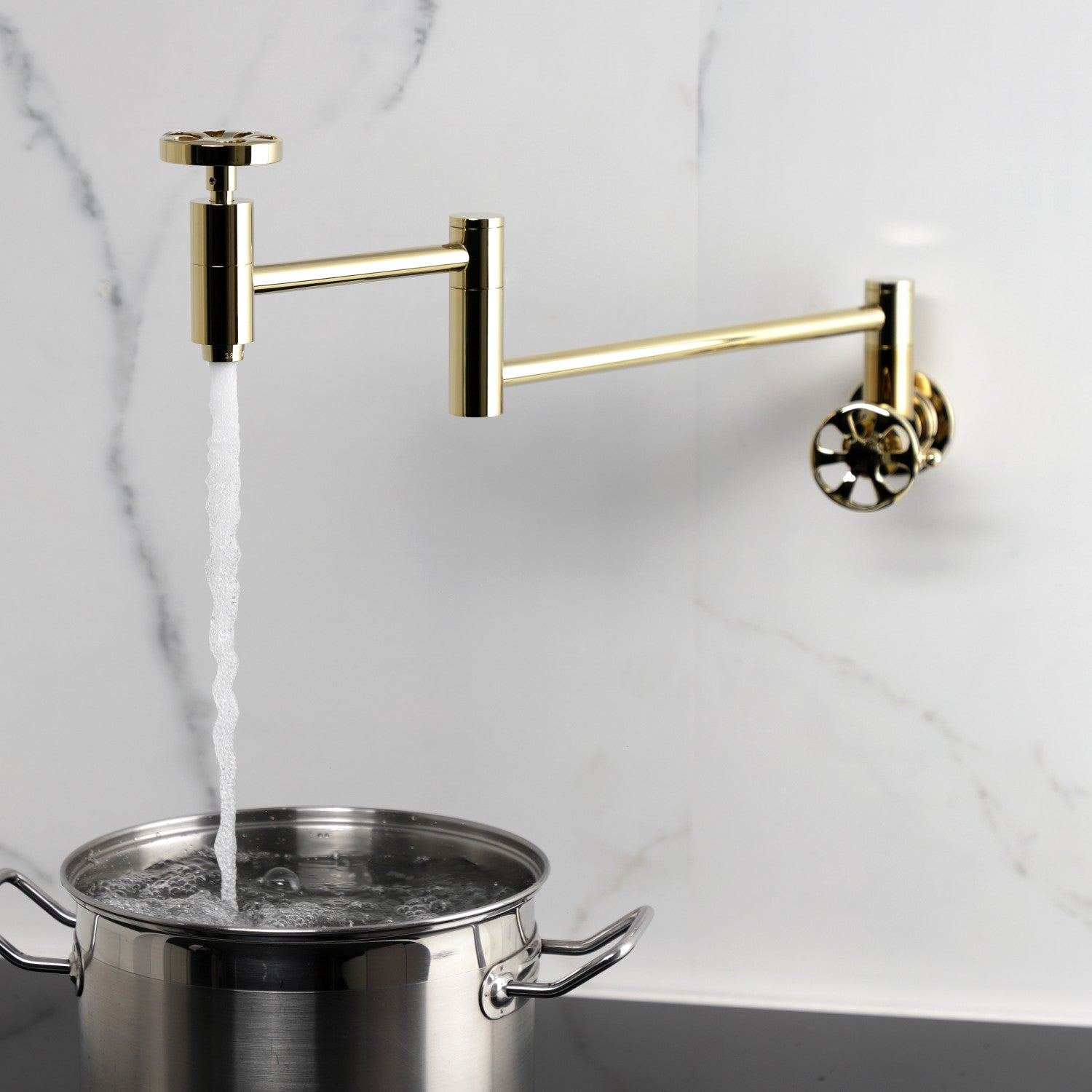 Belknap KS8102RX Two Handle Wall Mount Pot Filler Faucet - Polished Brass Finish - Ideal for Kitchen, Sink, and Stove Area - Perfect for Filling Large Pots and Pans