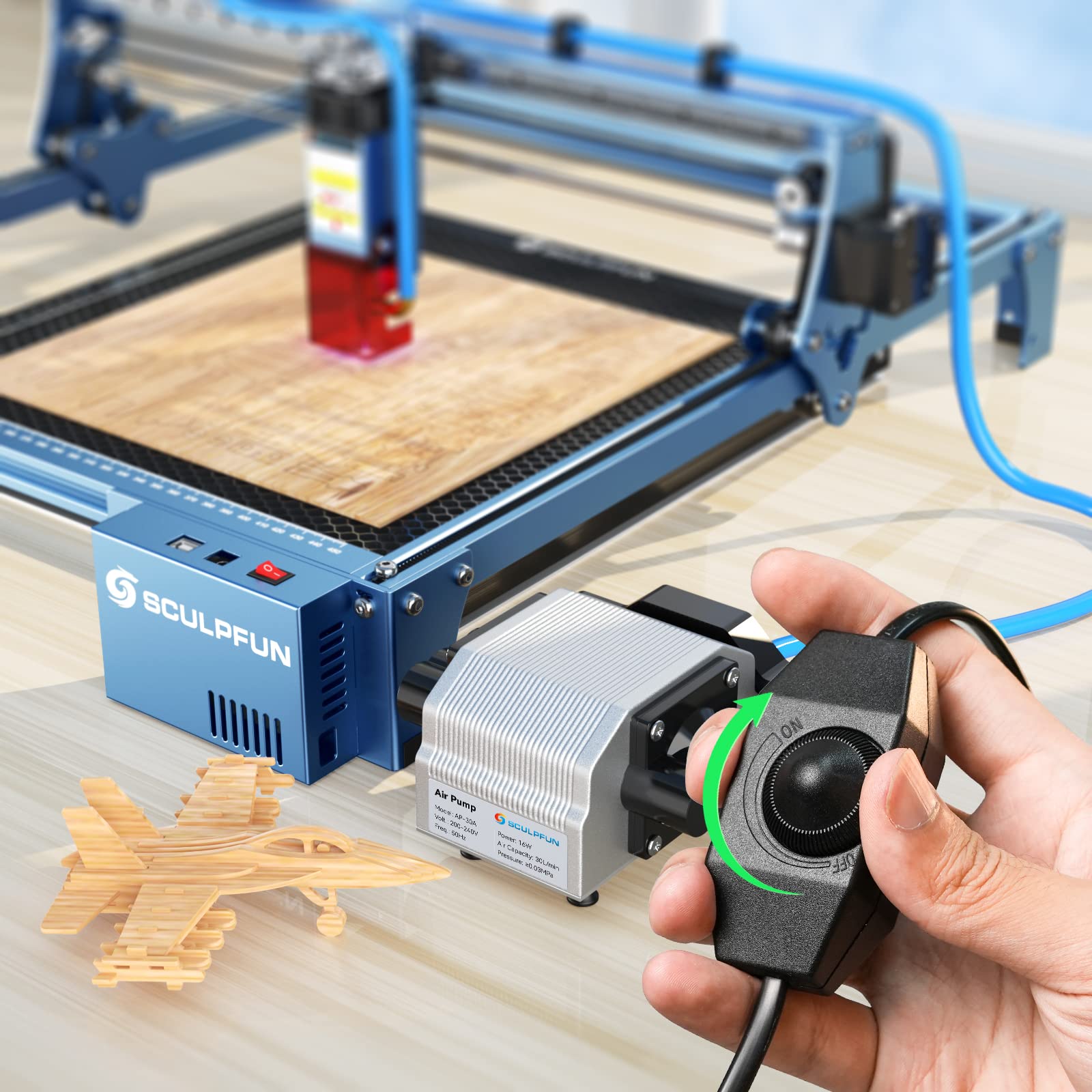 SCULPFUN S9 Air Assist Kit for Laser Engraver - Full Metal High Speed Air Assist with 2M Tube, 30L/min Adjustable Airflow - Perfect Upgrade for S9/S10 Engraving Machines - Ideal for Wood Cutting, Acrylic Engraving & Metal Marking