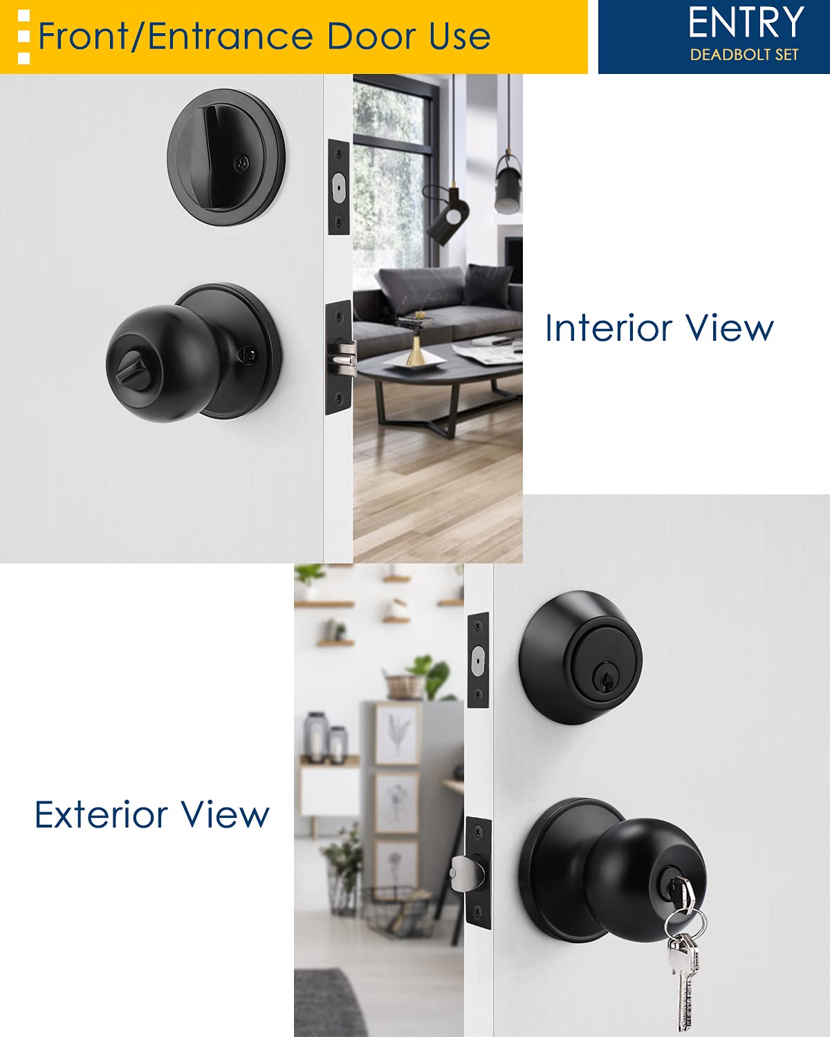 5-Pack Keyed Alike Entry Door Knob & Deadbolt Lock Set - Flat Black Round Knobs for Exterior/Front Doors - Perfect for Home Security & Easy Key Management (Ideal for Apartments, Rental Properties & Multi-Door Homes)