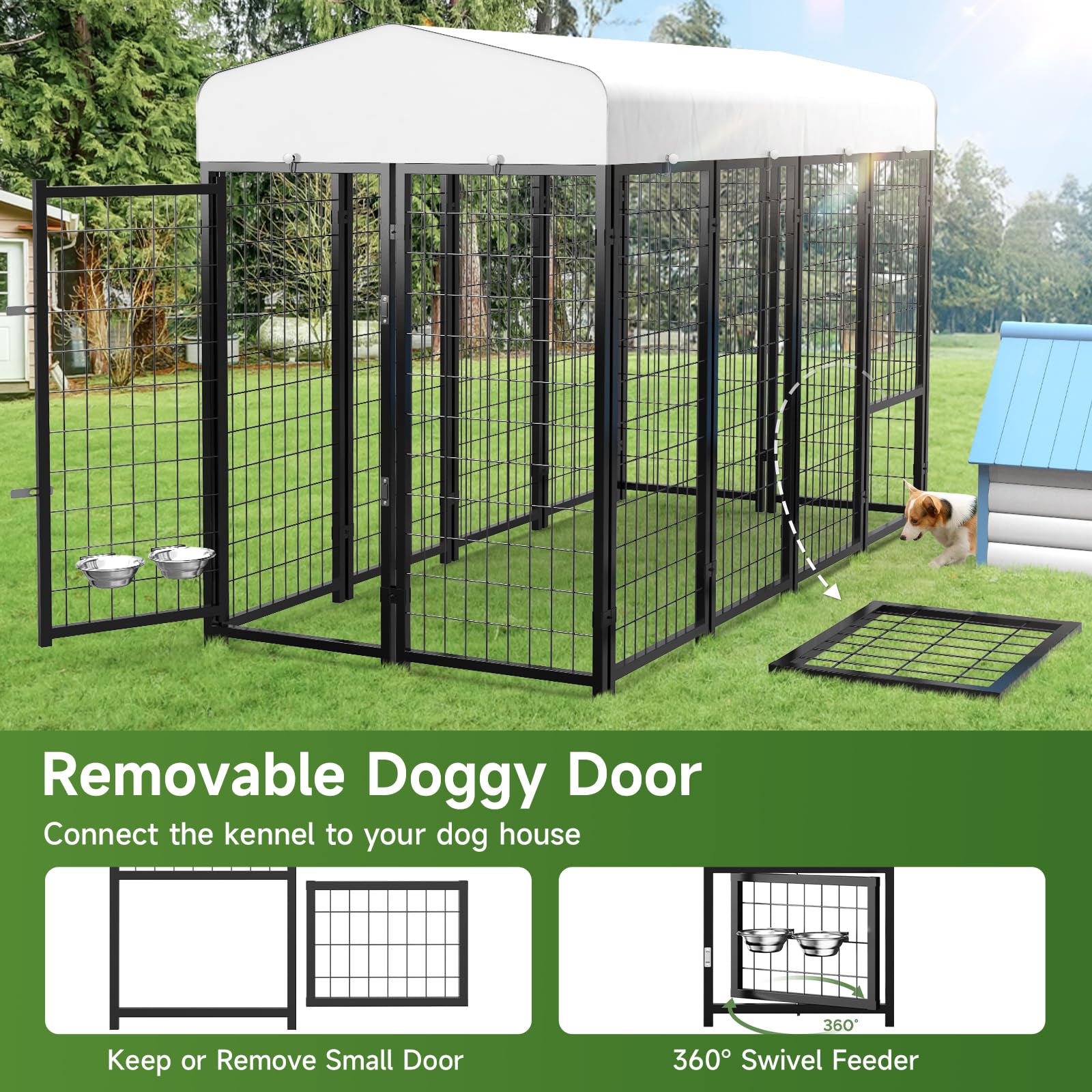 **SINO LUBAN 2PCS Heavy Duty Outdoor Dog Kennel with Roof & Doggy Door - 8x4x6ft Large Dog Run for Giant Breeds, Includes Bowls & Connectable to Dog House - Perfect for Backyard, Patio & Secure Outdoor Play**