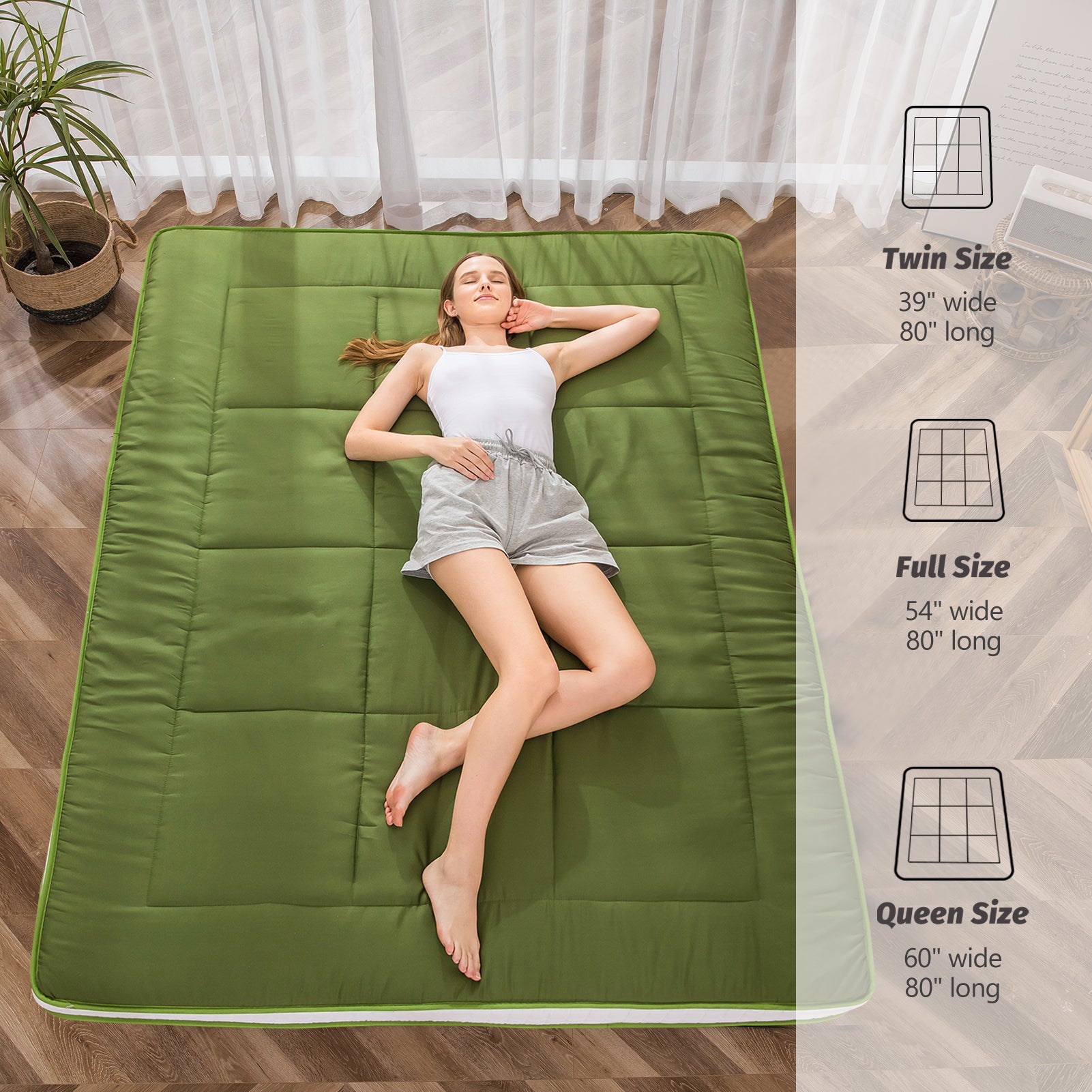 MAXYOYO Padded Japanese Floor Mattress - Green Foldable Roll Up Futon Mattress for Bedroom, Guest Room & Travel | Comfortable Floor Sleeping & Lounging