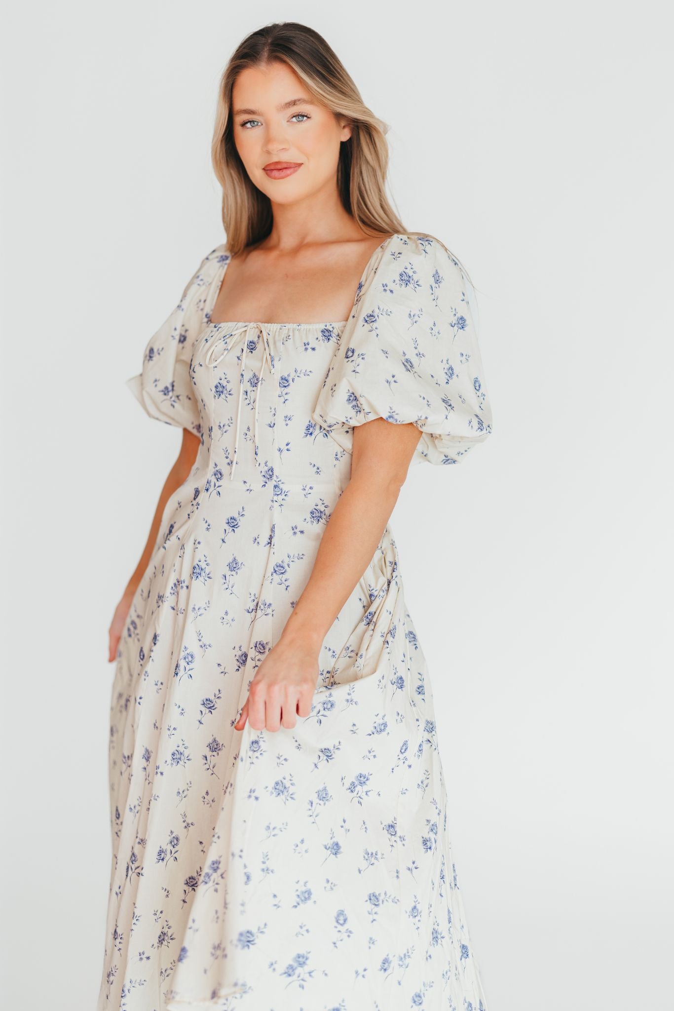 Olivia 100% Cotton Floral Printed Midi Dress in Ivory - Elegant Summer Dress for Women, Perfect for Beach Vacations, Garden Parties & Date Nights