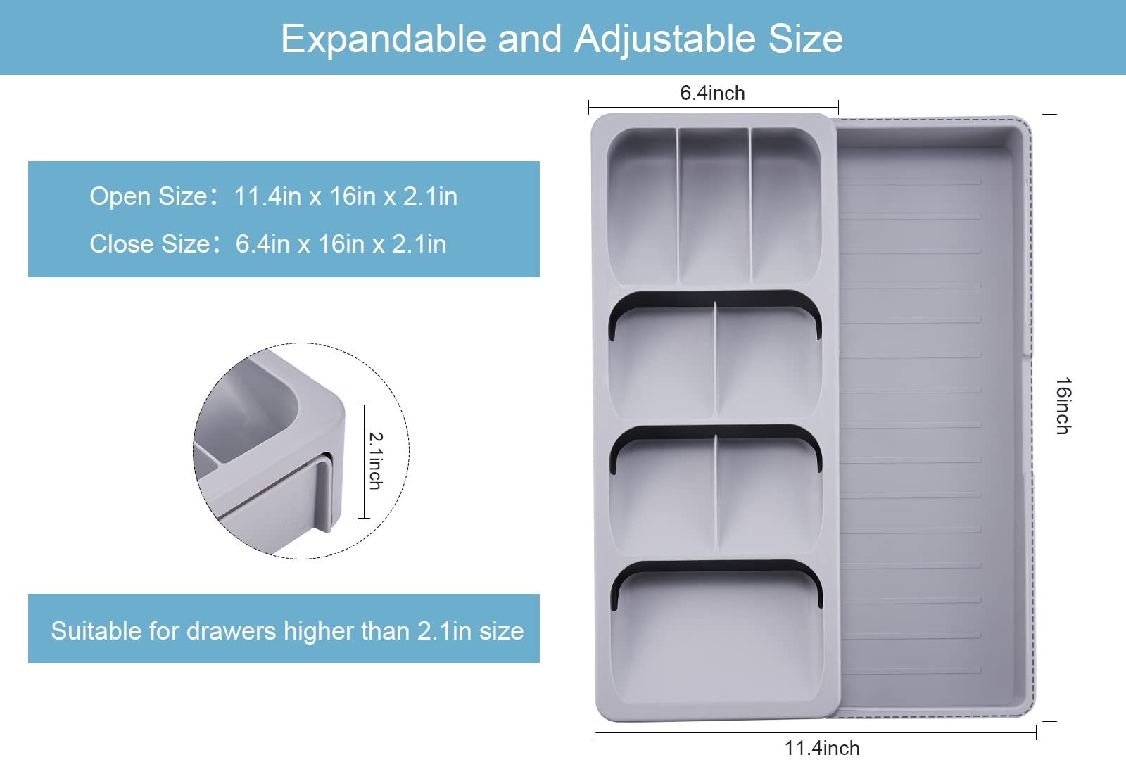 2-Pack Expandable Kitchen Drawer Organizer Set - Adjustable Cutlery Tray & Utensil Holder - Gray Drawer Dividers for Silverware, Flatware, Knives, Spoons - Perfect for Kitchen Organization & Space Saving