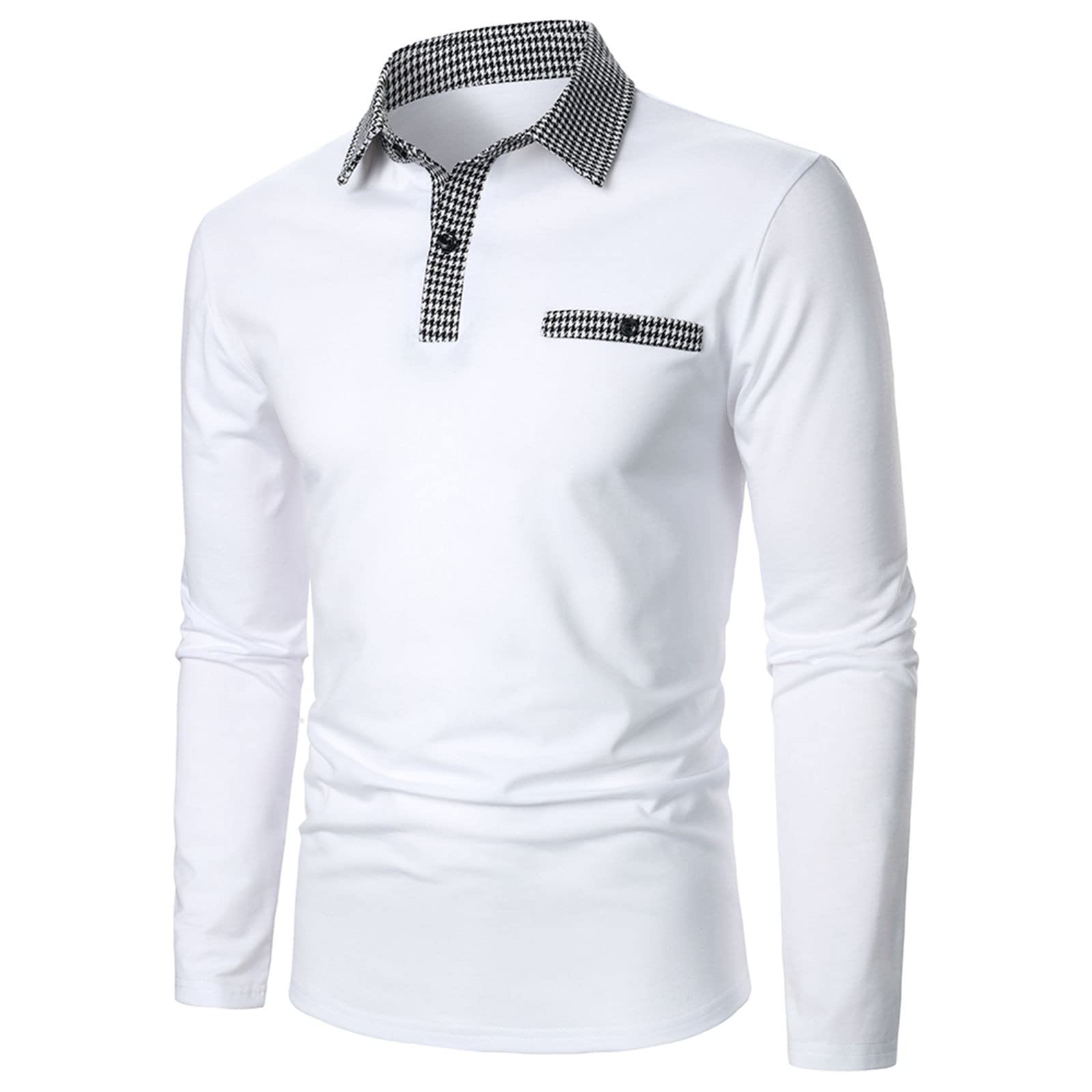 Men's Slim Fit Thin Tee Shirts - Casual Fashion Long Sleeve Turtleneck Polo Shirts with Plinth Print Lapel Button | White T-Shirts for Men | Perfect for Office Wear, Casual Outings & Smart Casual Events