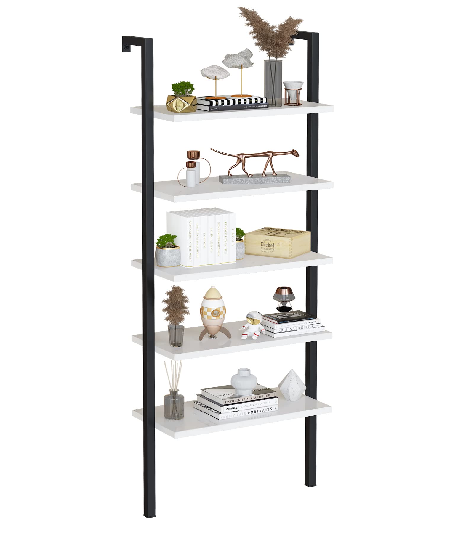 Industrial Ladder Bookshelf - 5-Tier Wall Mounted Bookcase with Metal Frame, Open Display Storage Shelf for Living Room, Bedroom, Office & Balcony | Space-Saving Leaning Ladder Design for Home Decor & Organization