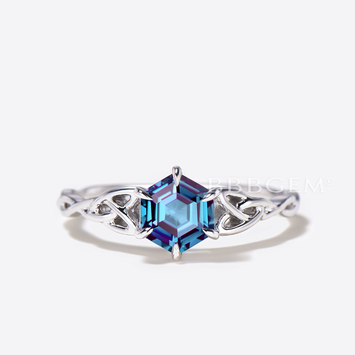 Hexagon Cut Color Changing Alexandrite Engagement Ring - Celtic Knot Solitaire Wedding Band for Women, Perfect for Proposals, Anniversaries & Special Occasions