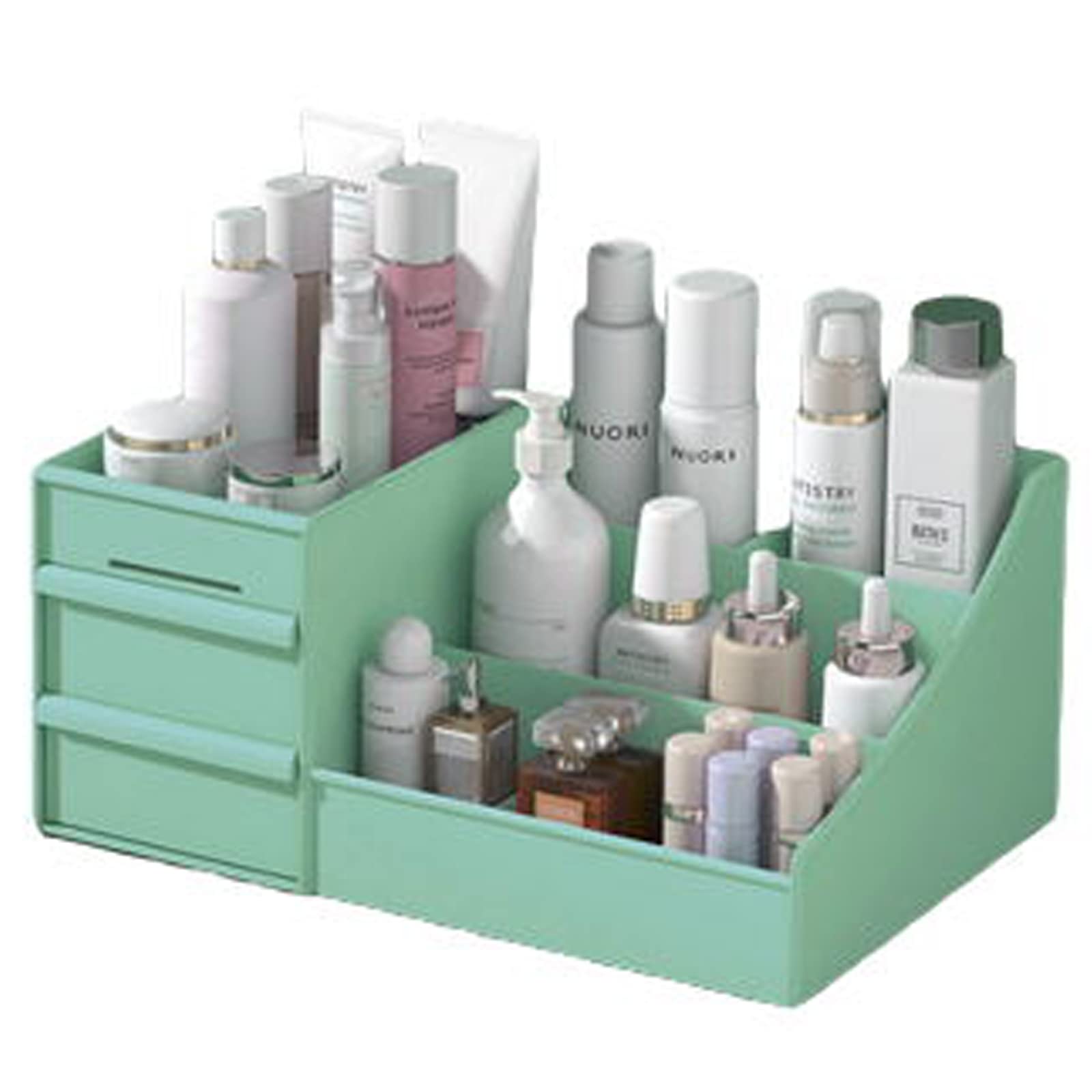 Premium Makeup Organizer with Drawers - Cosmetic & Jewelry Storage for Vanity, Brushes, Lipstick, Eyeshadow | Green Desktop Organizer for Bathroom Countertop & Dressing Table (Perfect for Small Space Organization & Gift Ideas)