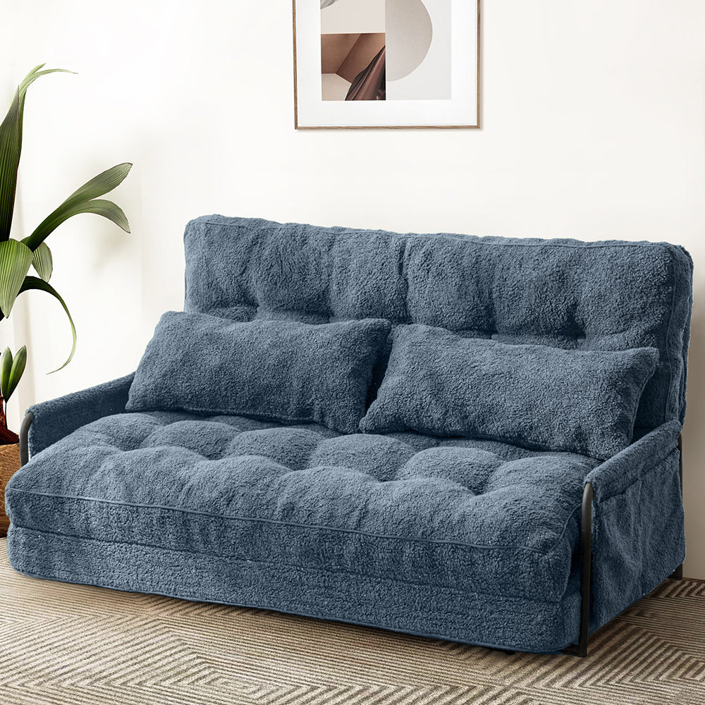 MAXYOYO Adjustable Floor Sofa Couch - Convertible Lazy Sofa Bed with 2 Pillows & Armrests | Boucle Fabric in Dusty Blue | Perfect for Small Spaces, Living Rooms & Guest Beds