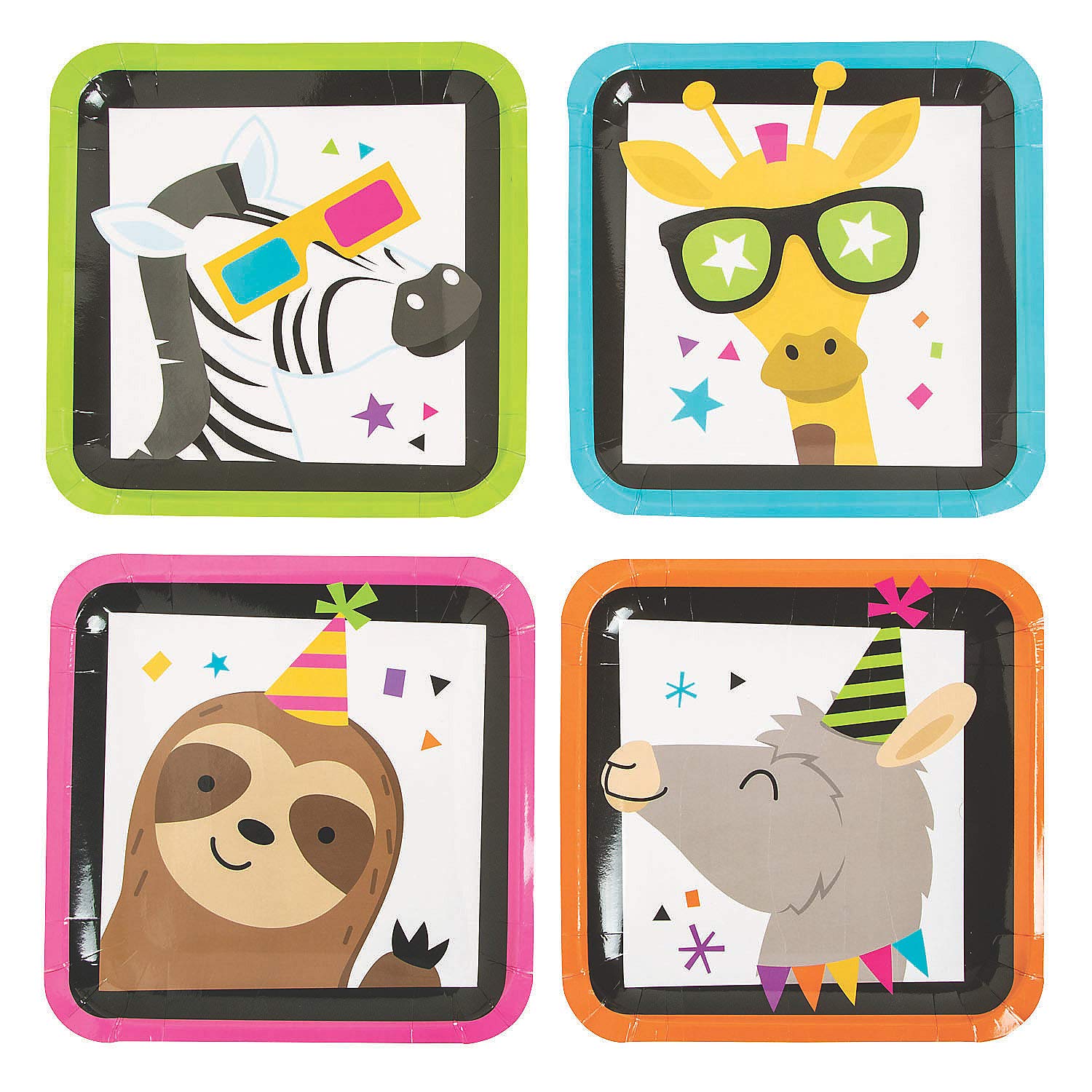 Fun Express Party Animal Square Paper Dinner Plates - 8 Pack Disposable Tableware for Birthday, Wedding, Baby Shower & Holiday Celebrations - Colorful Party Decorations & Supplies for Kids & Adults