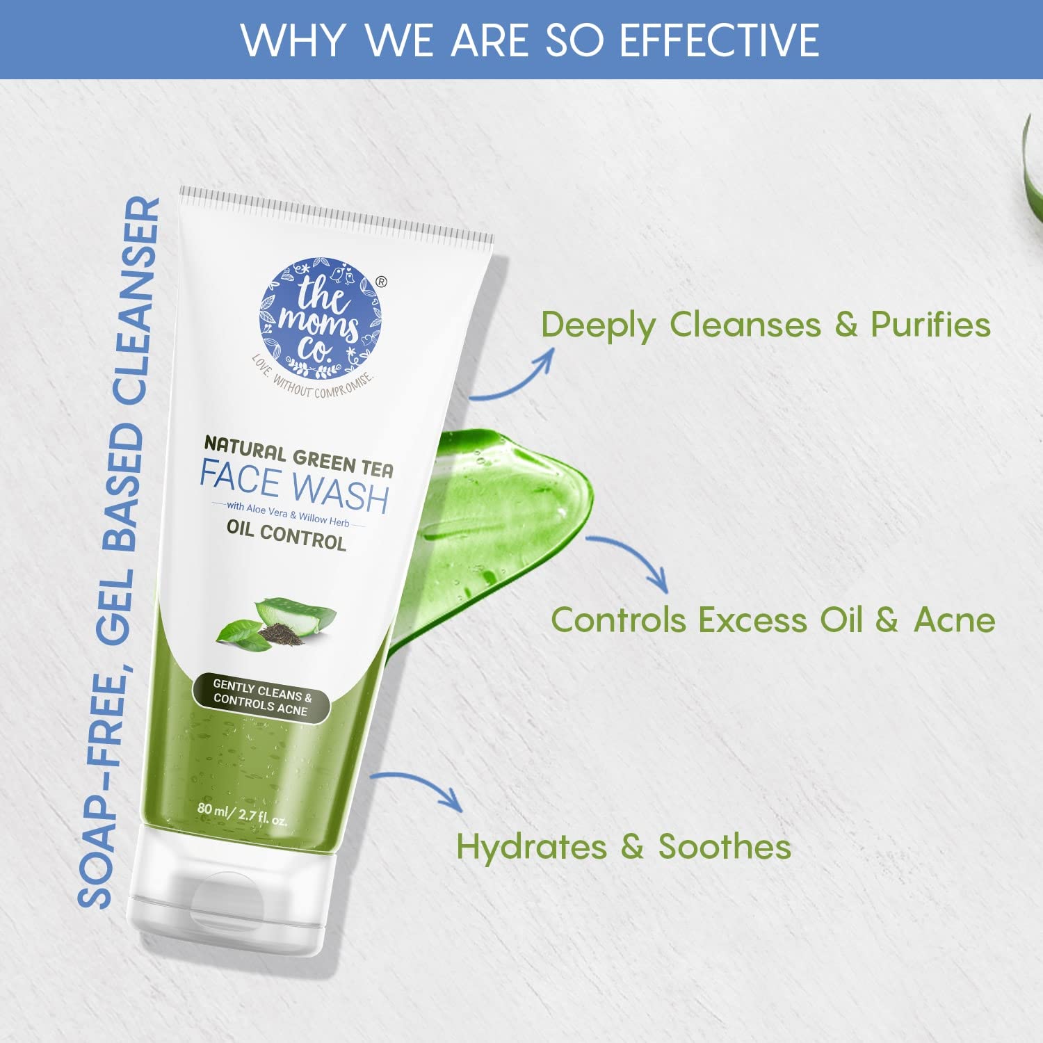 The Moms Co. Natural Green Tea Face Wash with Aloe Vera & Niacinamide - Anti Acne Cleanser for Oily Skin | Soap-Free Gel Formula | Hydrates & Soothes Skin | 80ml | Perfect for Daily Skincare & Acne-Prone Skin