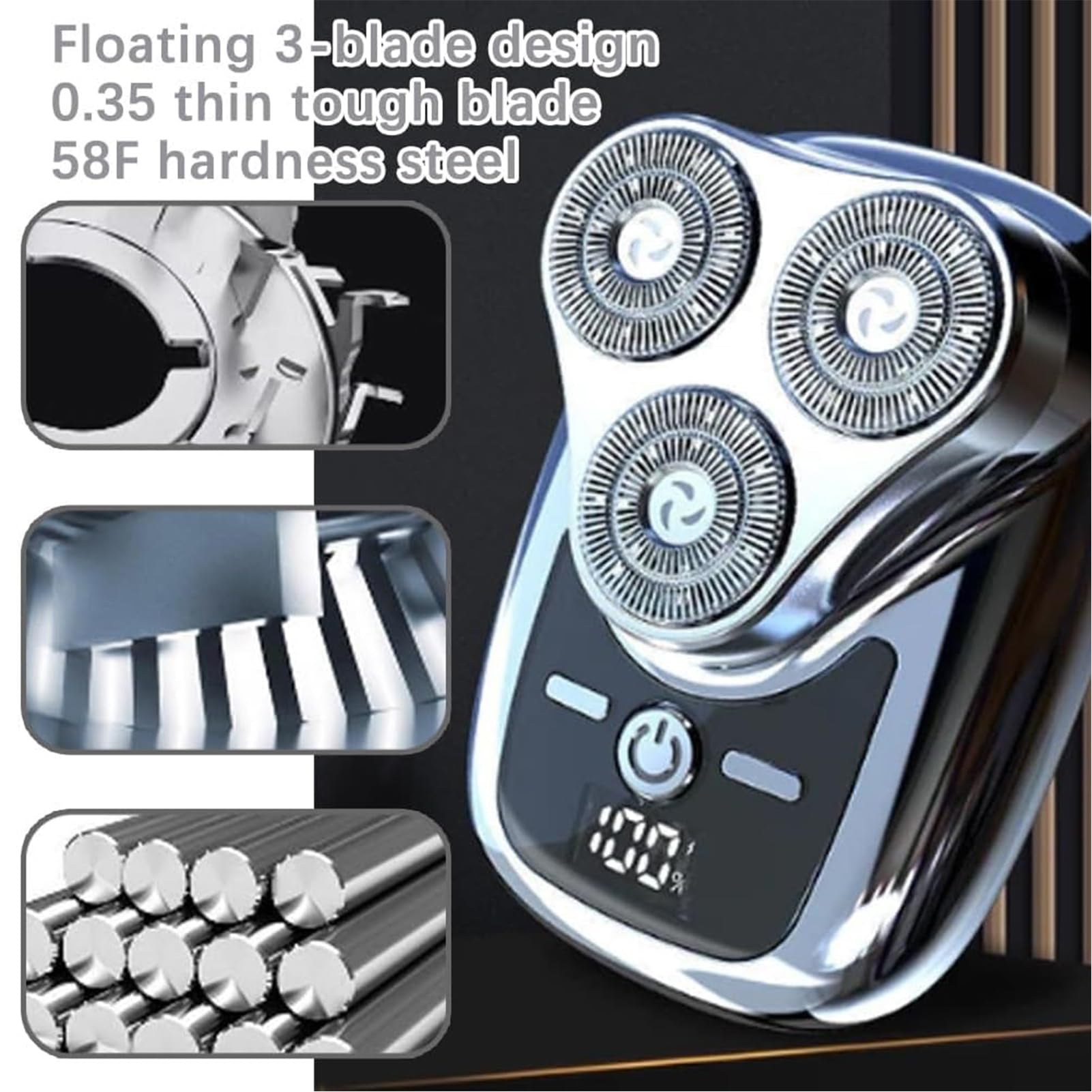 Premium 3-Blade Digital Display Electric Shaver with Original Stone - Rechargeable Men's Facial Hair Trimmer for Travel & Daily Grooming - Silver (Ideal for Home, Office & Gym Use)