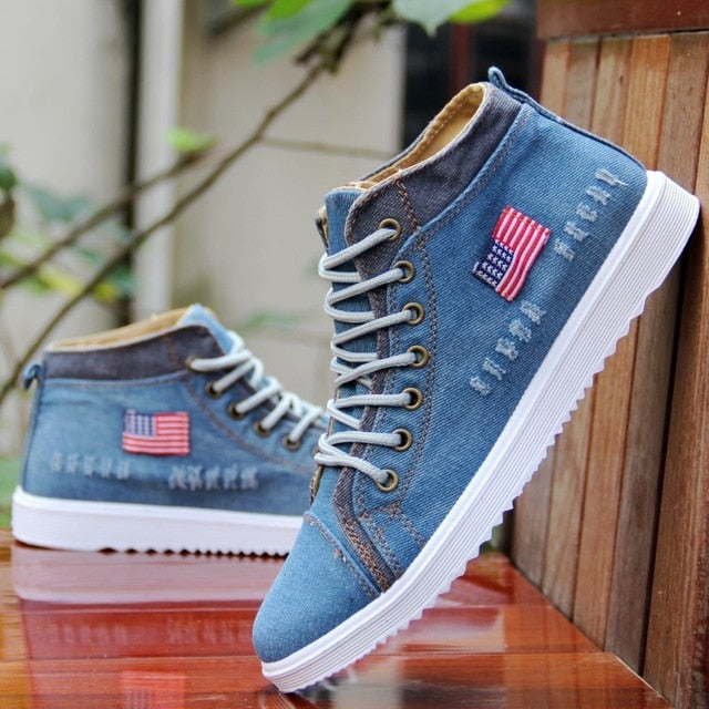 American Flag Patch Vintage Denim Shoes - Trendy Fashion Sneakers for Men & Women - Perfect for Casual Outfits, Patriotic Events & Street Style