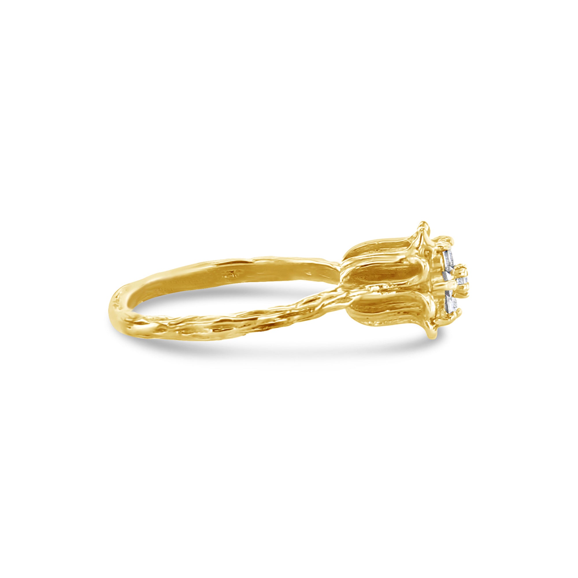 14K Yellow Gold Diamond Tulip Ring with Bark Textured Band - Elegant Floral Jewelry for Women, Perfect for Weddings, Anniversaries & Special Occasions