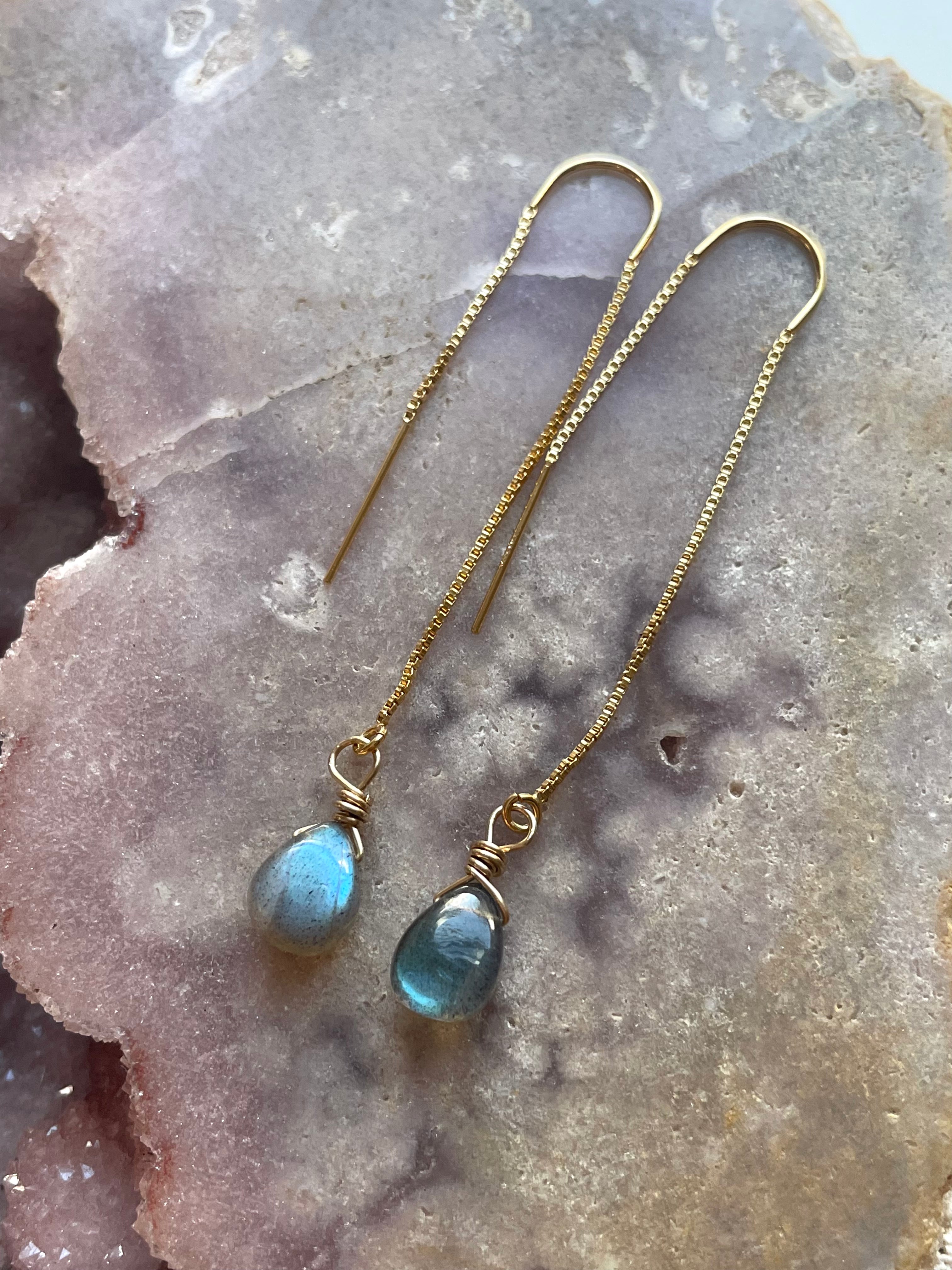 Tiny Labradorite Drop Threader Earrings - Dainty Gemstone Studs for Women | Perfect for Everyday Wear, Gifts & Boho Jewelry