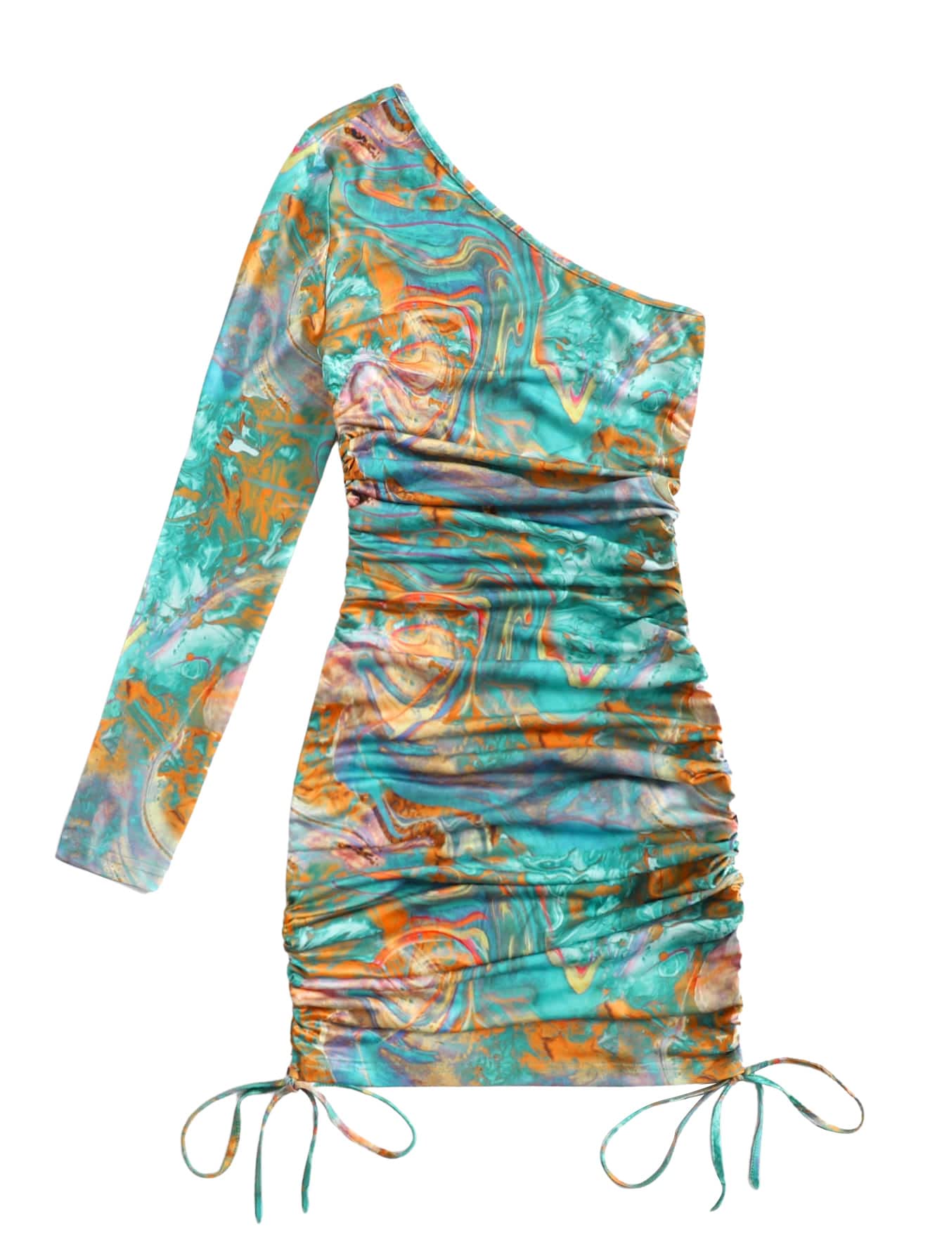 Verdusa Women's Elegant Marble Print One Shoulder Ruched Bodycon Dress with Drawstring Detail - Perfect for Evening Parties, Date Nights, and Special Occasions