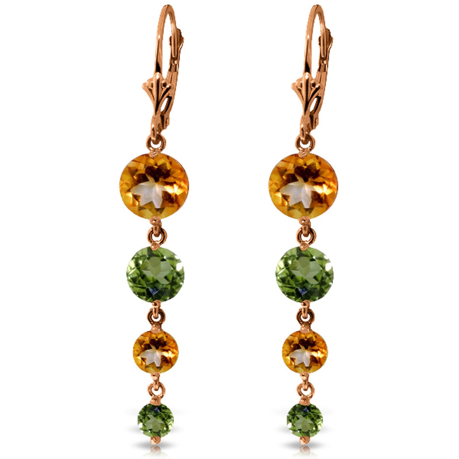 14K Solid Rose Gold Chandelier Earrings with Citrines & Peridots - Elegant Dangling Earrings for Women, Perfect for Weddings, Parties & Special Occasions