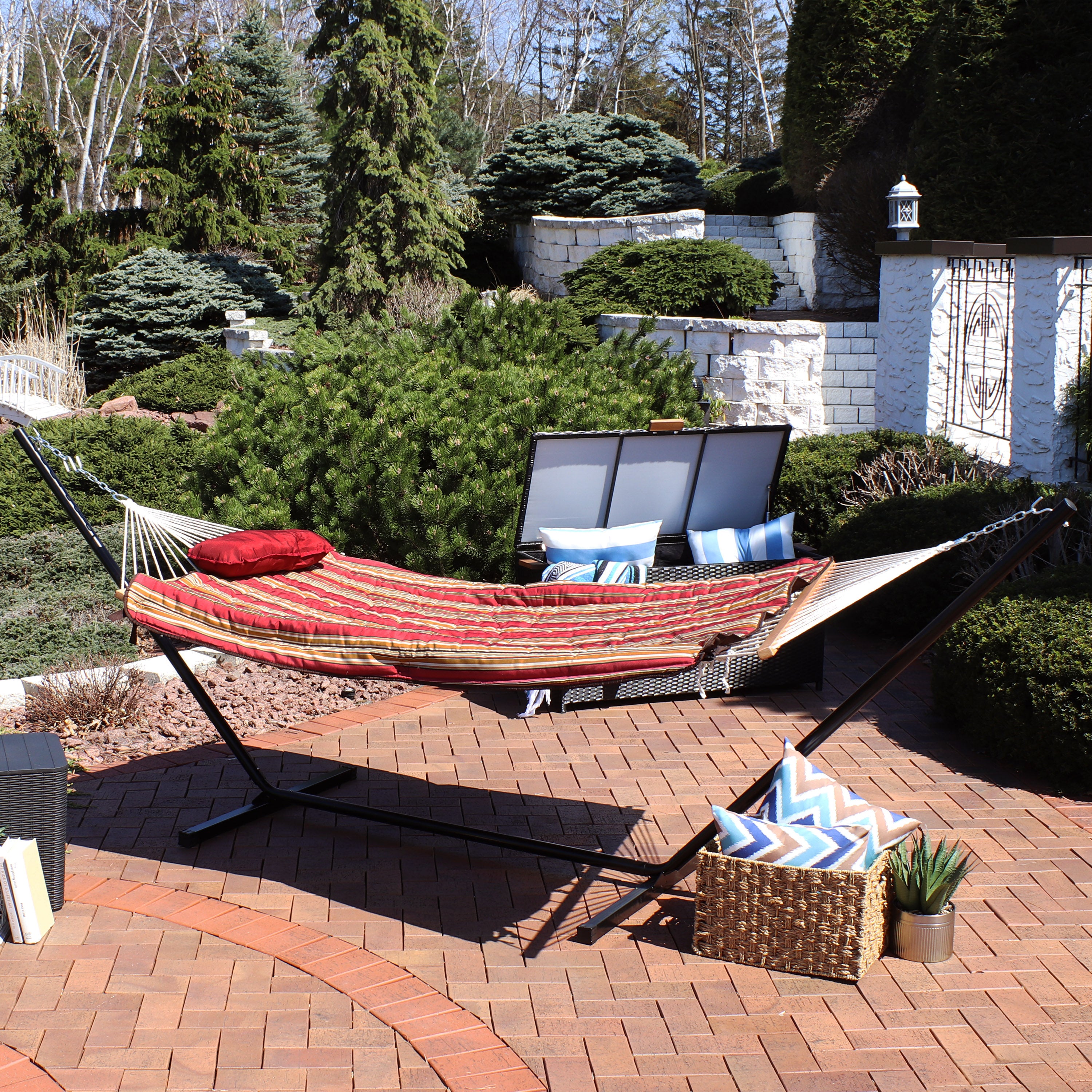 Premium Sunnydaze Rope Hammock with 12-Foot Steel Stand, Comfortable Pad & Pillow - Perfect for Backyard Relaxation, Beach Lounging & Outdoor Camping