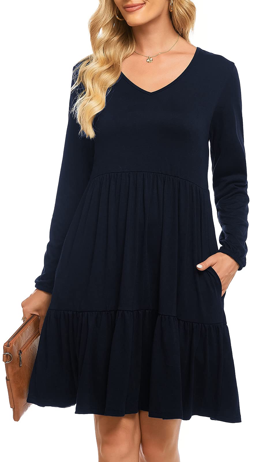 Berydress Women's Casual V-Neck Long Sleeve Tiered Ruffle Dress - Cotton Babydoll Midi Dress with Pockets for Fall Wedding Guest, Party, Office & Daily Wear