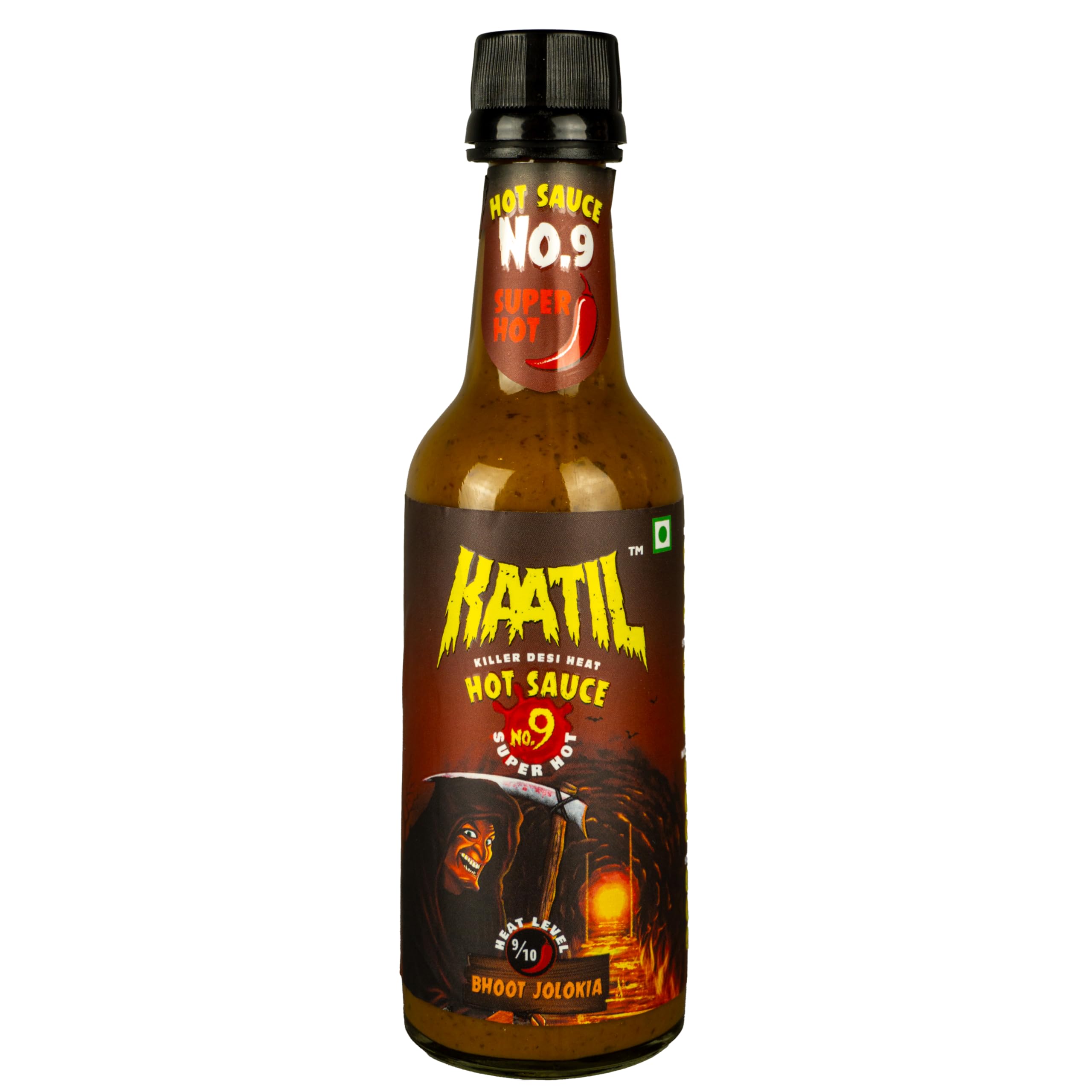 Kaatil Hot Sauce No. 9 | Super Spicy Ghost Pepper Sauce with Authentic Indian Bhoot Jolokia Peppers | Vegan, Gluten-Free, No Artificial Colors or Flavors | Perfect for Dips, Marinades, Stir-Fries & Cooking | Made in India | 7 Oz Bottle | Great for BBQ, Wings, Tacos & Spicy Food Lovers
