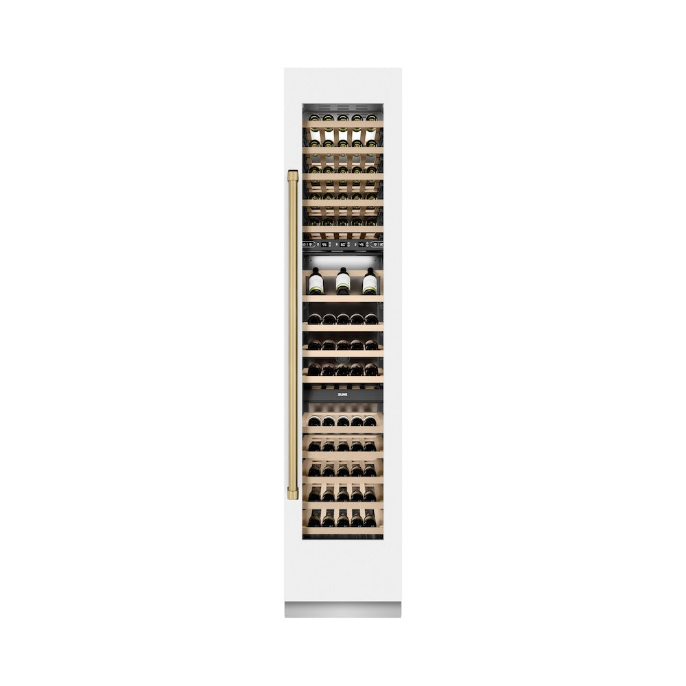 ZLINE Autograph Edition 18 Inch 9.0 Cubic Feet Triple Zone 68 Bottle Right Hinge Column Wine Cooler - White Matte with Champagne Bronze Accents (RCWVRZ WM 18 CB) | Perfect for Home Bars, Wine Cellars & Entertaining Spaces