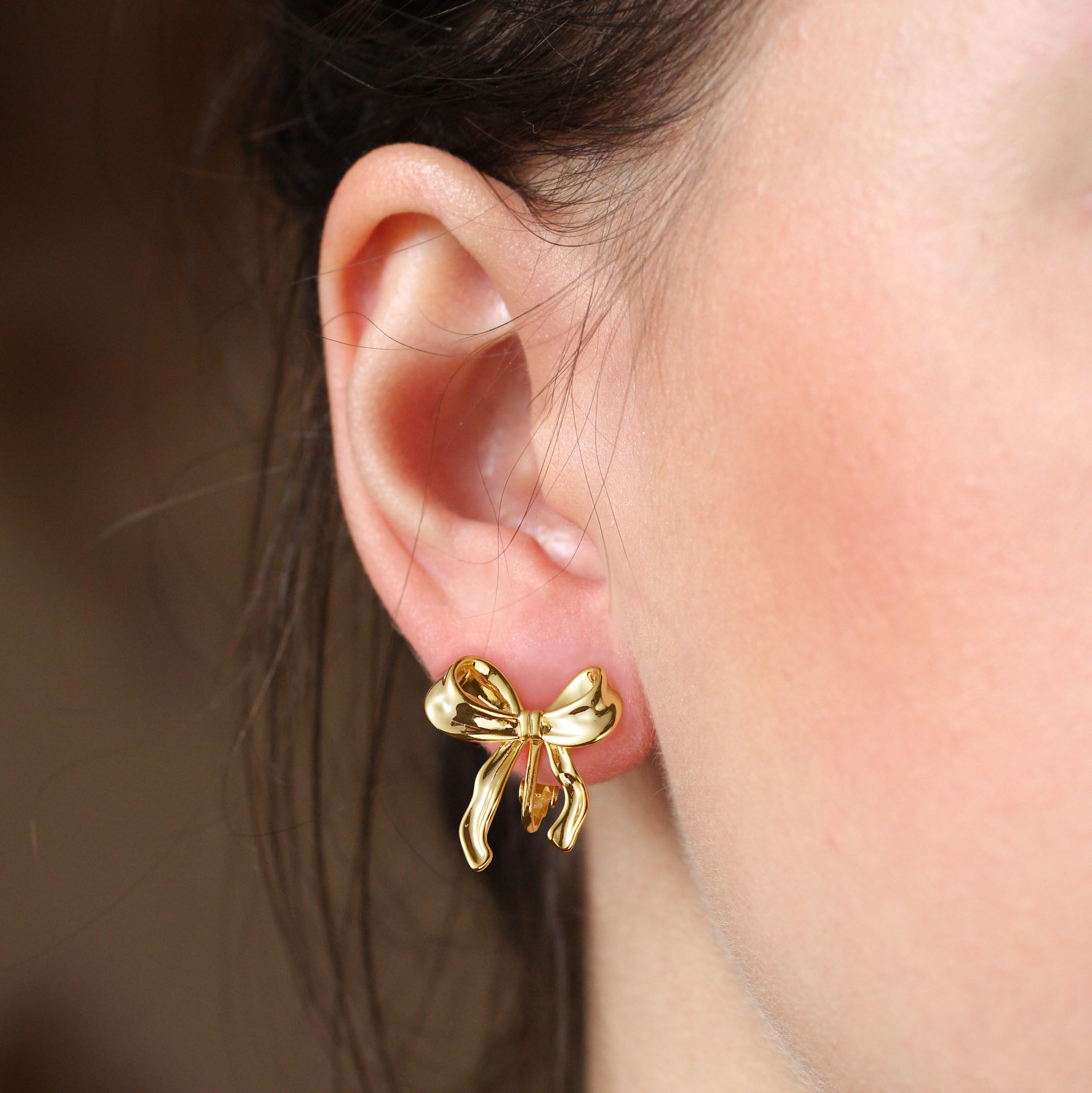 14K Gold Plated Bow Clip On Earrings for Women - Elegant Ribbon Non-Pierced Earrings - Perfect for Weddings, Parties & Special Occasions