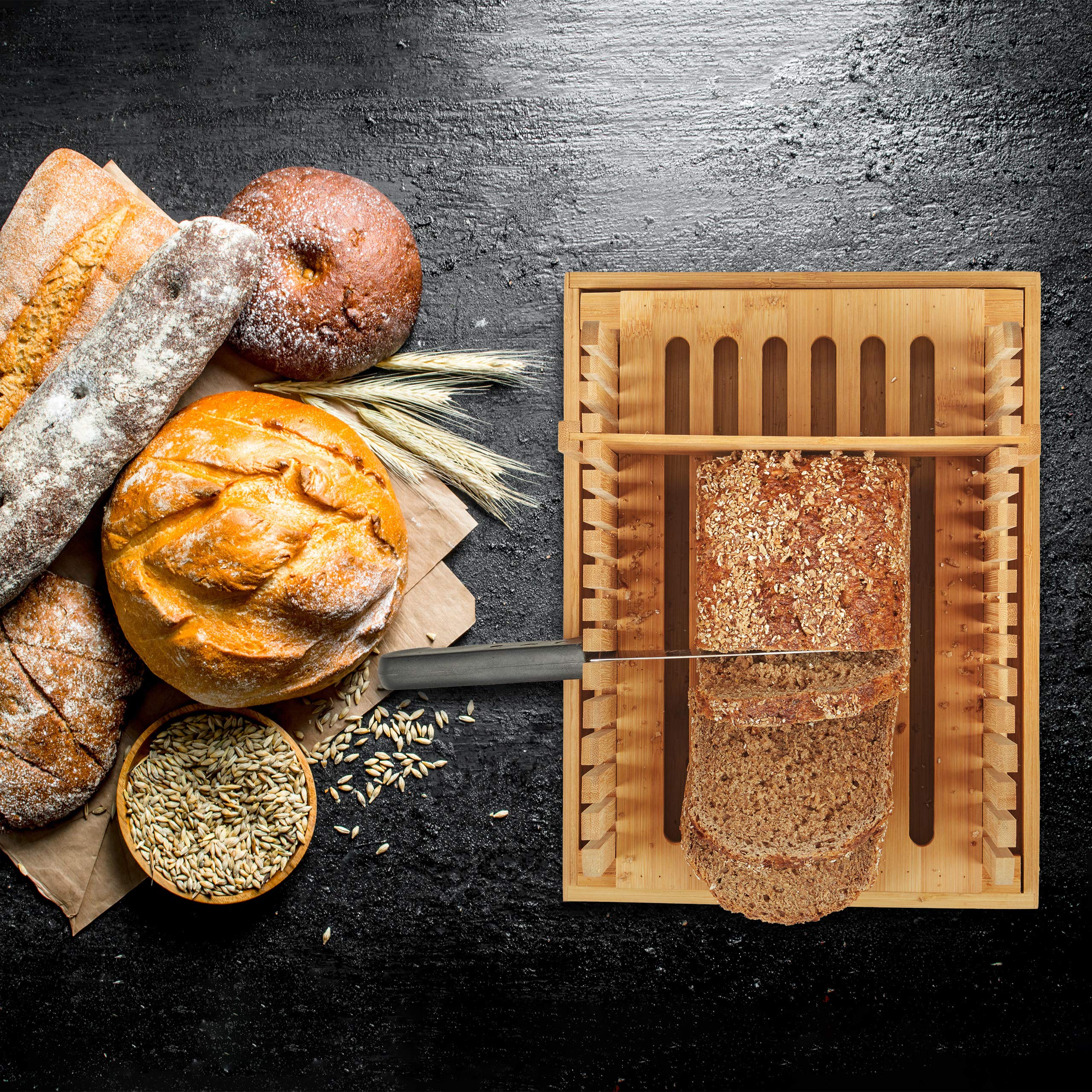 Relaxdays 10027486 Adjustable Bamboo Bread Slicer with Crumb Catcher - Perfect for Toast, Cake & Loaf Cutting - Natural Wood Cutting Board for Kitchen & Baking Enthusiasts
