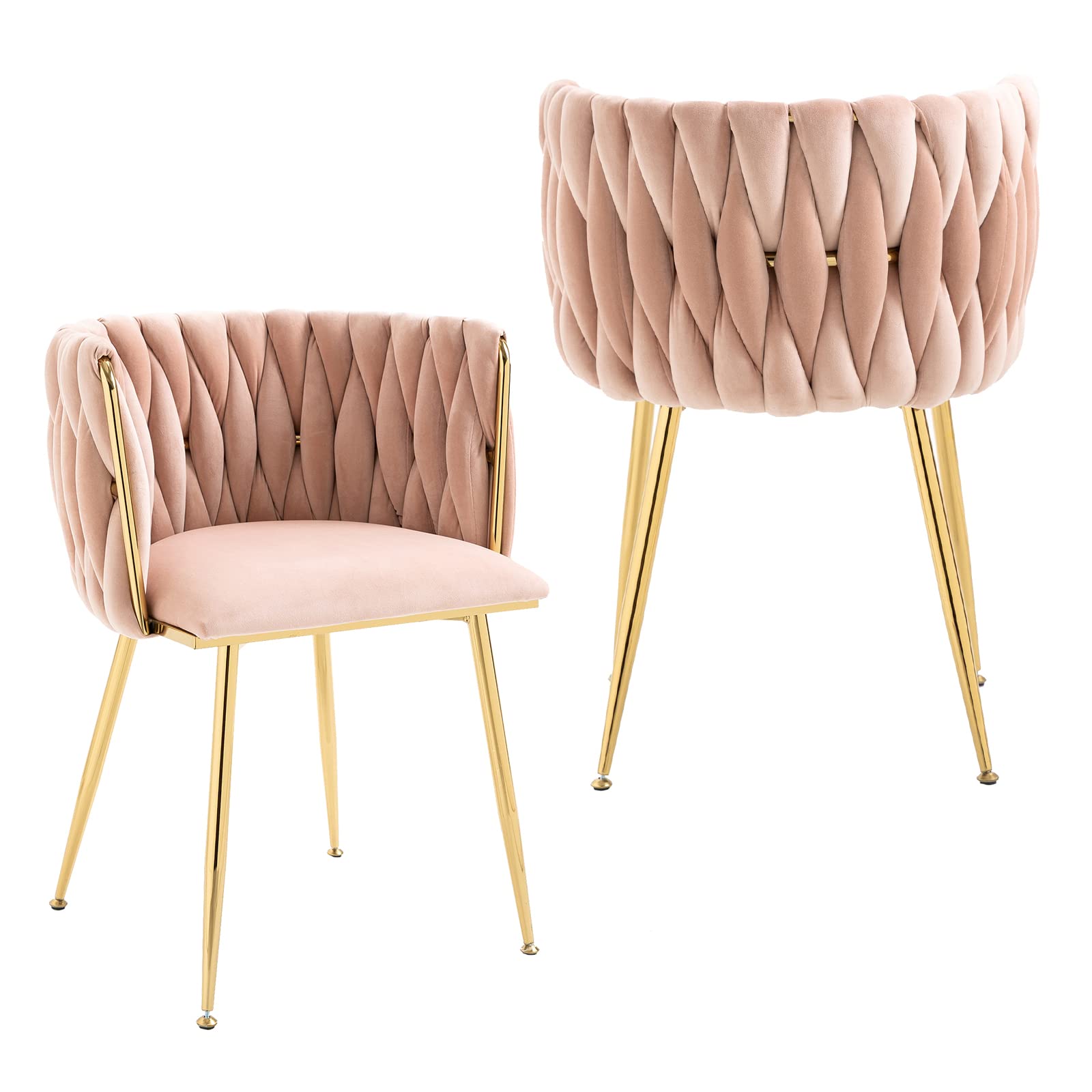 NIOIIKIT Modern Velvet Dining Chairs Set of 2 - Handwoven Upholstered Accent Chairs with Golden Metal Legs for Living Room, Dining Room, Kitchen & Vanity (Pink) - Perfect for Home Decor, Entertaining & Small Space Seating